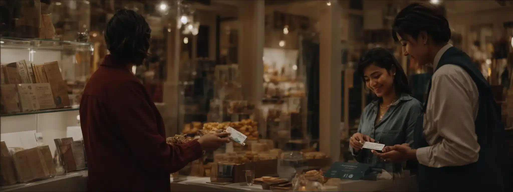 A Serene Picture Of A Person Happily Receiving A Gift Card From A Welcoming Shopkeeper Inside A Warmly Lit, Cozy Boutique.