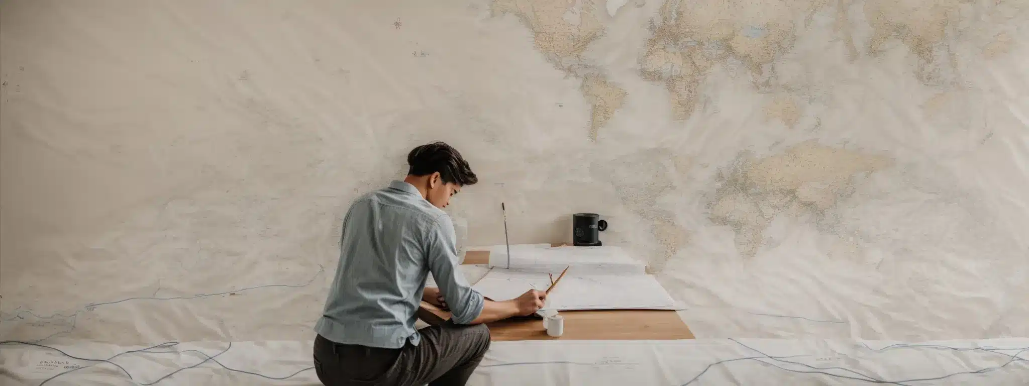 A Person Sketching A Strategic Map On A Large Blank Canvas, With Various Navigational Tools Scattered Around.