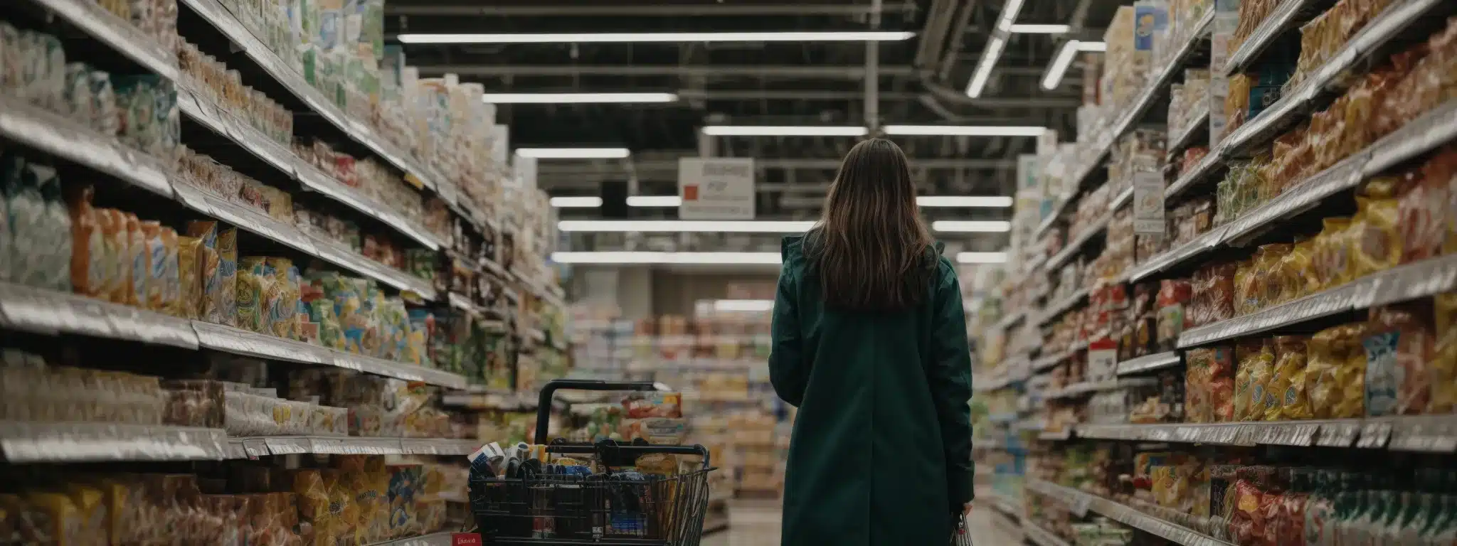 A Shopper Stands In An Aisle, Thoughtfully Examining Products On A Shelf, Symbolizing The Analysis Of Consumer Behavior Patterns.