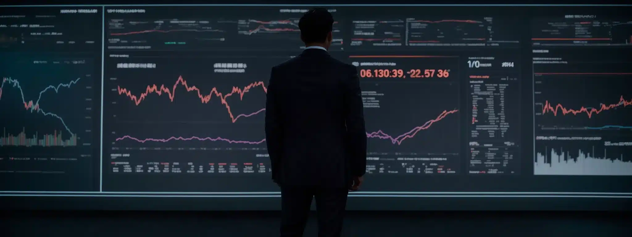 A Strategist Stands Before A Large Interactive Screen Displaying Dynamic Market Trends And Analytics.