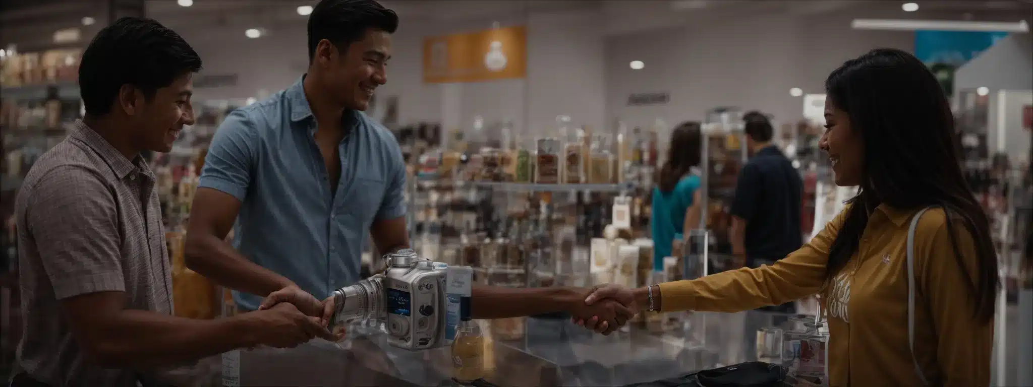A Brand Representative Shakes Hands With A Smiling Customer In Front Of A Product Display.