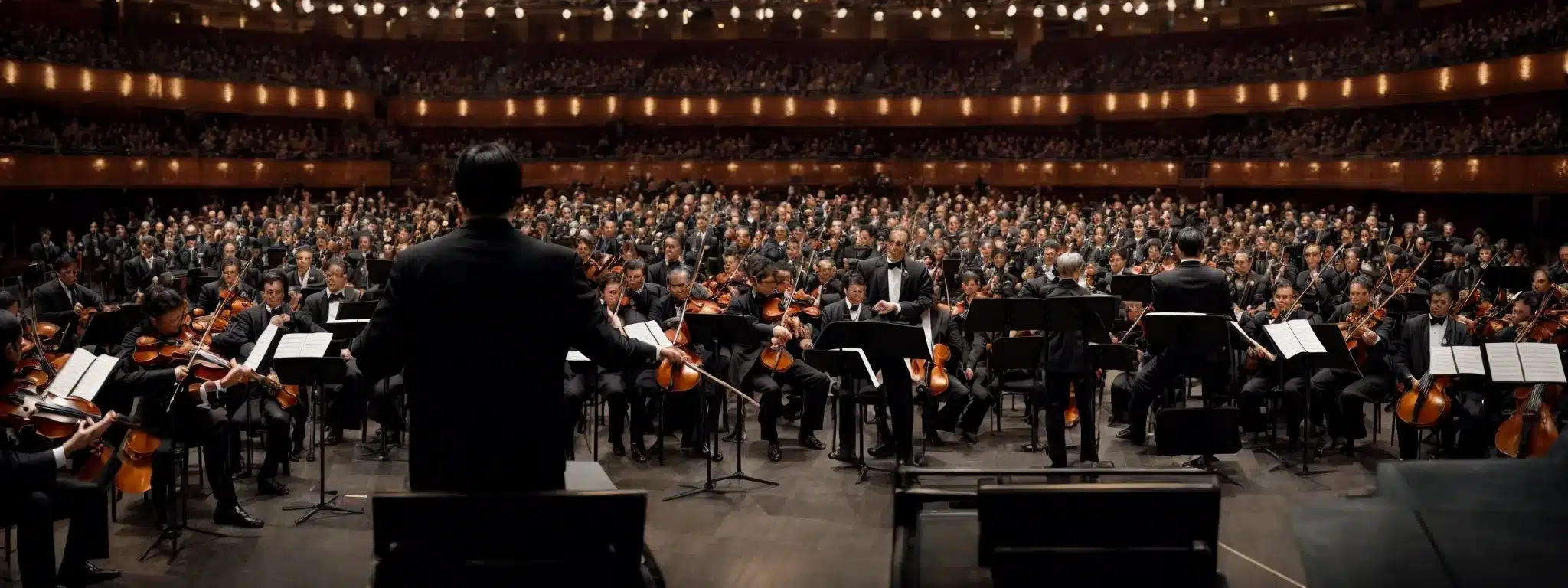 A Conductor Stands On Stage, Leading An Orchestra In Perfect Harmony In Front Of An Enraptured Audience.