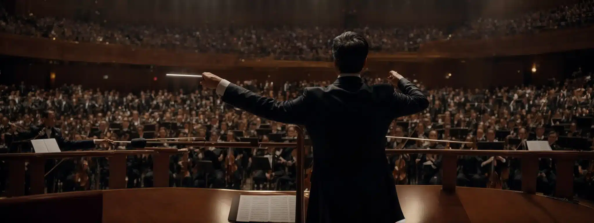 A Conductor Stands Centerstage, Commanding An Orchestra With A Raised Baton, Mirroring The Unified Command Of A Brand'S Messaging Across Various Marketing Channels.