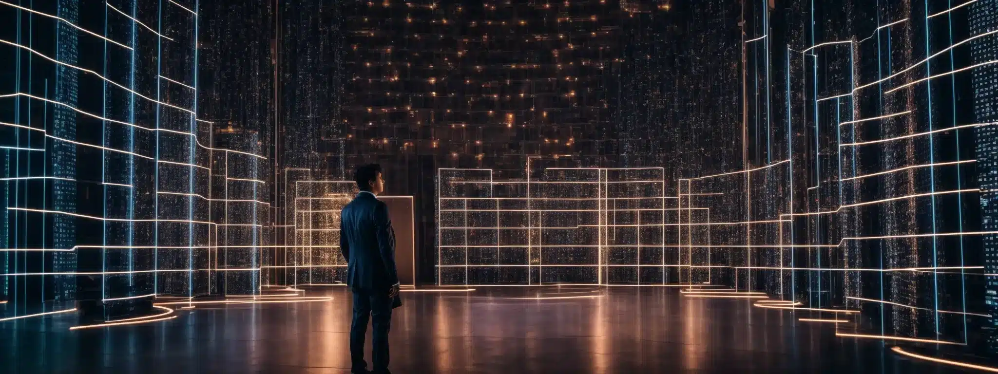 A Visionary Leader Stands Amidst A Networked Array Of Glowing, Interconnected Screens Symbolizing A Seamlessly Integrated Digital Ecosystem.