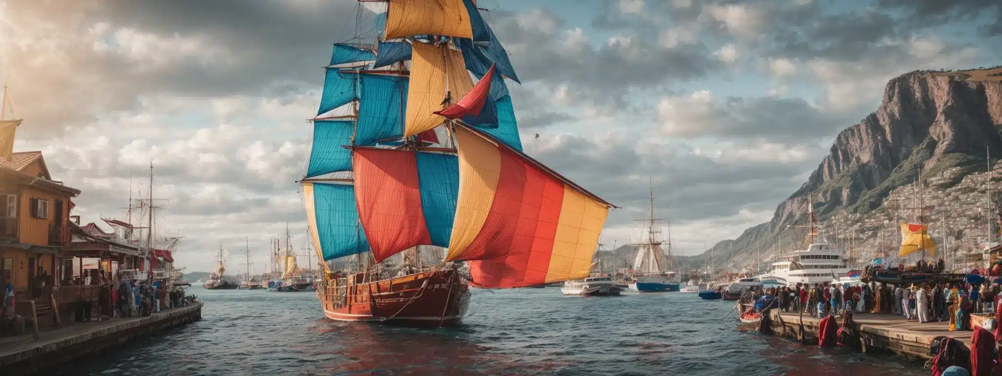 A Vibrant Ship Unfurls Its Unique, Brightly Colored Sails, Distinguishing Itself Amidst A Busy, Bustling Harbor.