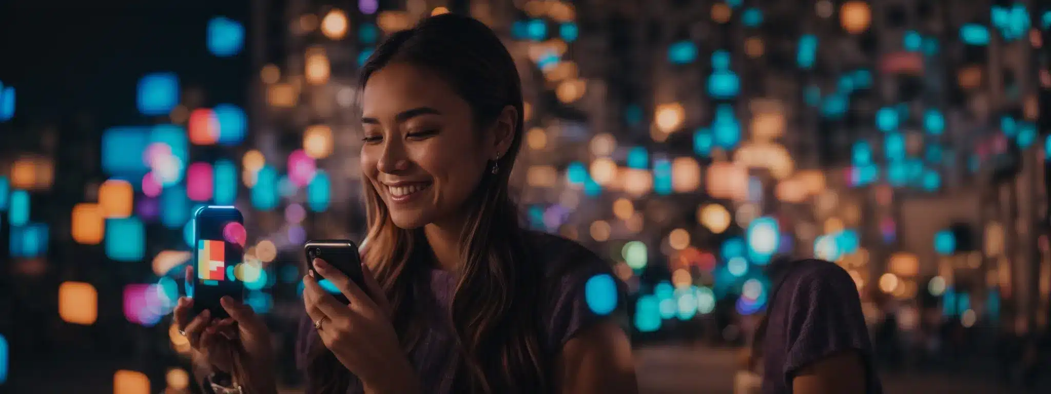 An Influencer Smiling While Holding A Phone And Interacting With A Colorful, Illuminated Social Media Interface Projection.