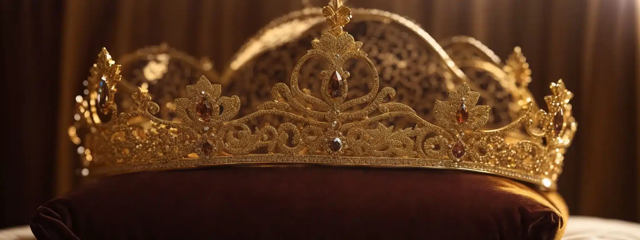 A Regal Crown Atop A Luxurious Velvet Cushion, Bathed In A Warm, Golden Light.