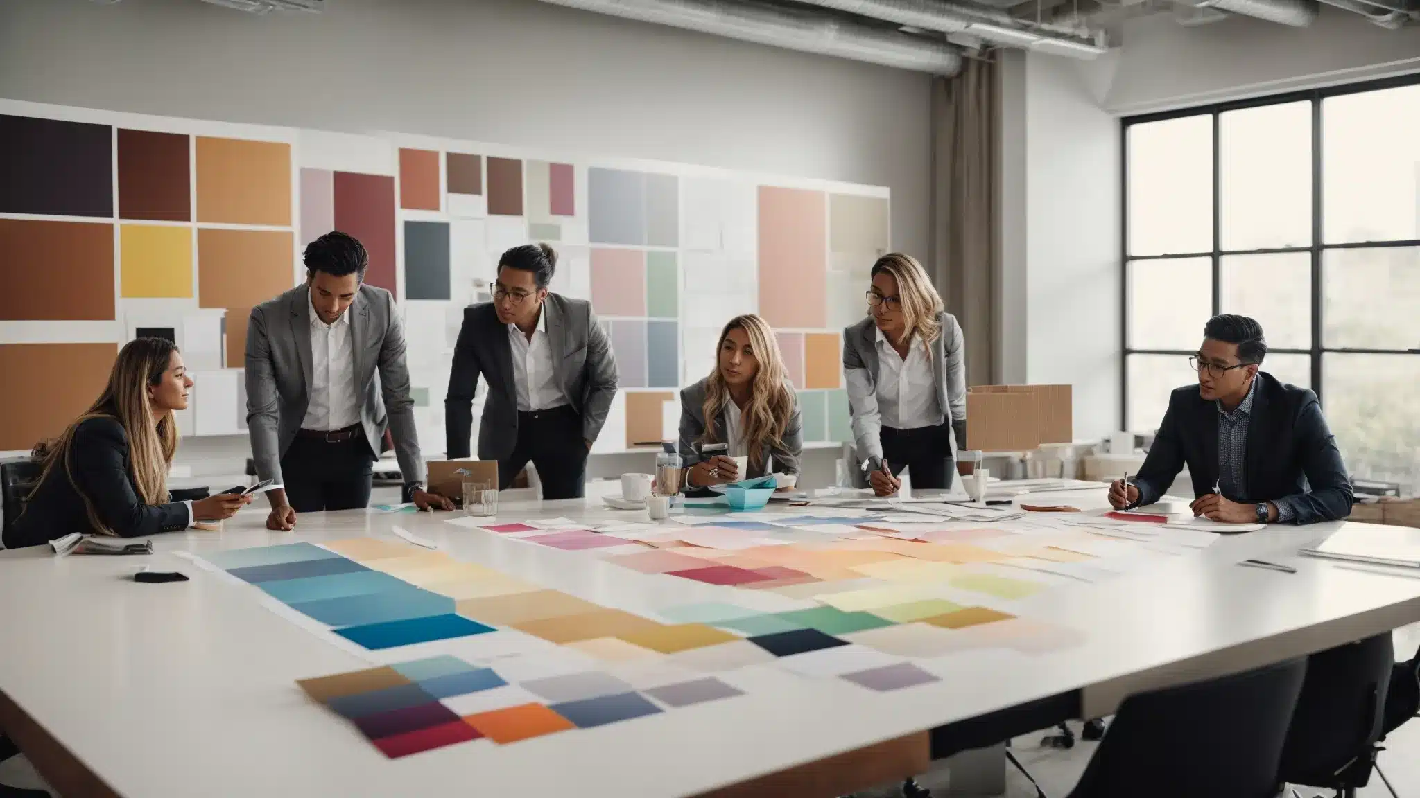 A Marketing Team Gathers Around A Conference Table, Brainstorming Over A Large Blank Canvas With Color Swatches And Product Prototypes Strewn About.