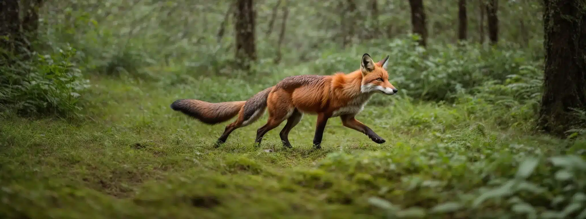A Fox Swiftly Navigates A Lush Forest Teeming With Diverse Wildlife.