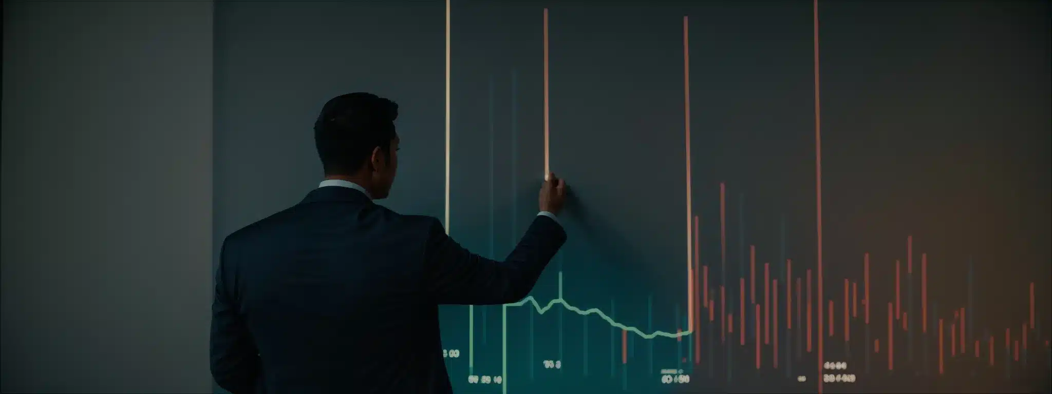 A Marketer Stands Before A Large Growth Chart, Analyzing Trends And Metrics Illuminated On The Screen.
