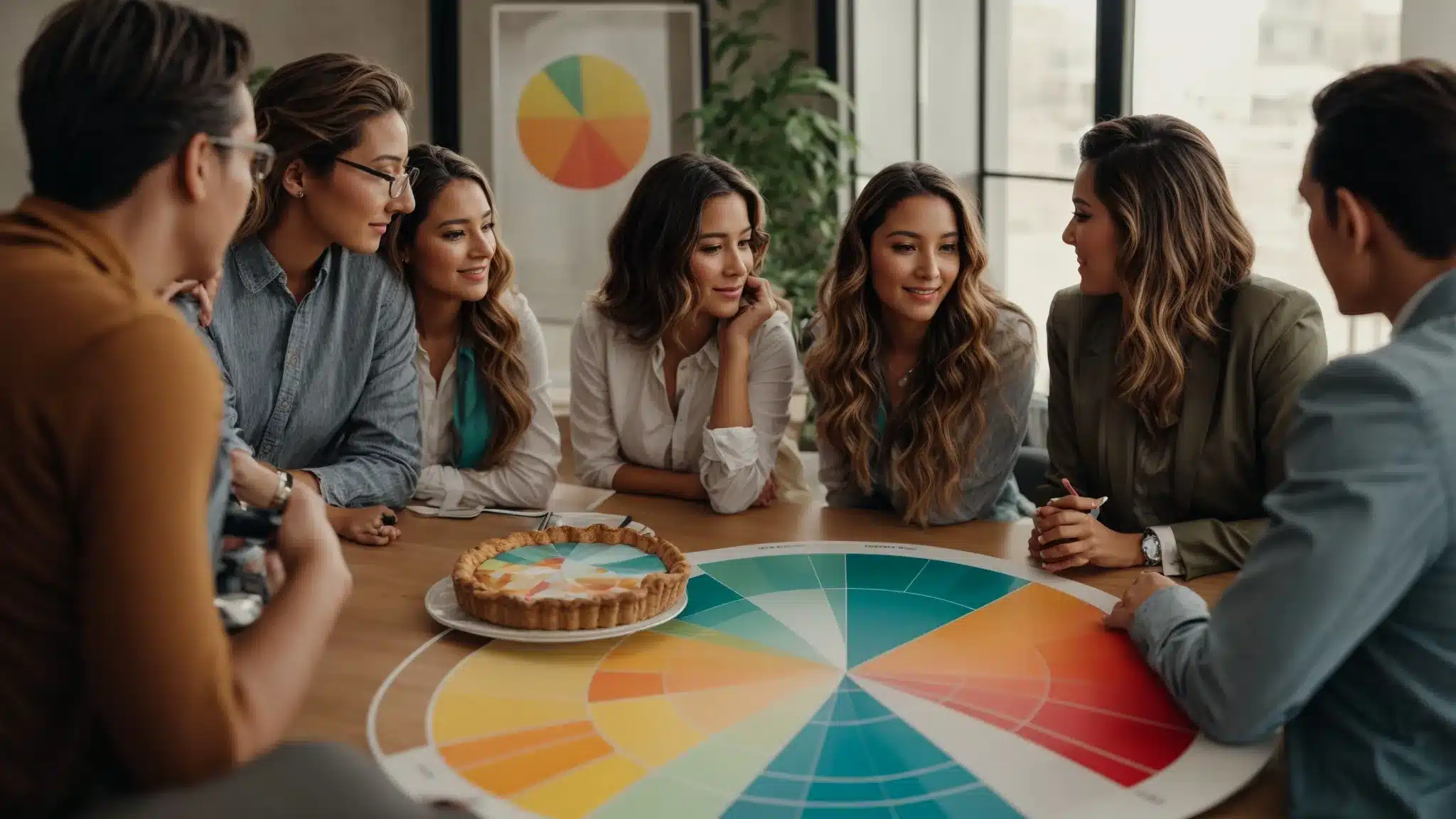 A Group Of Marketers Discussing Over A Colorful Pie Chart And A World Map During A Strategy Meeting.
