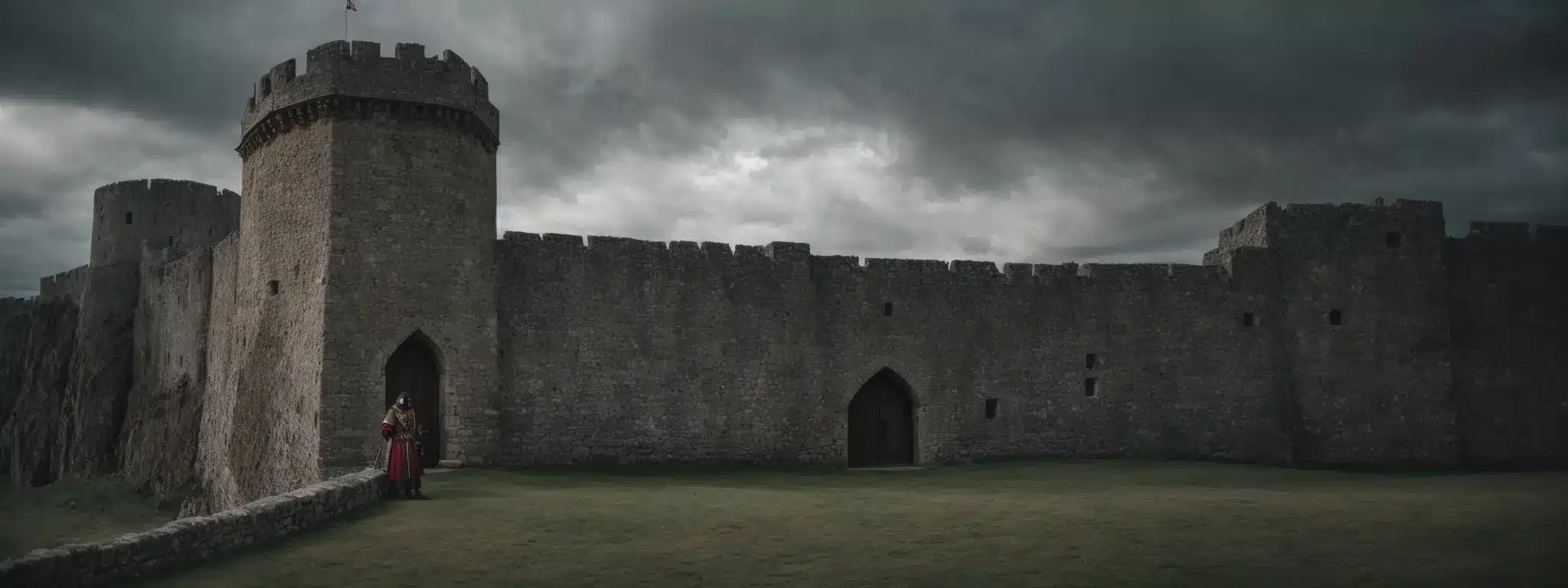 A Medieval Knight Stands Guard At The Towering Gates Of A Stone Fortress Under A Brooding Sky.