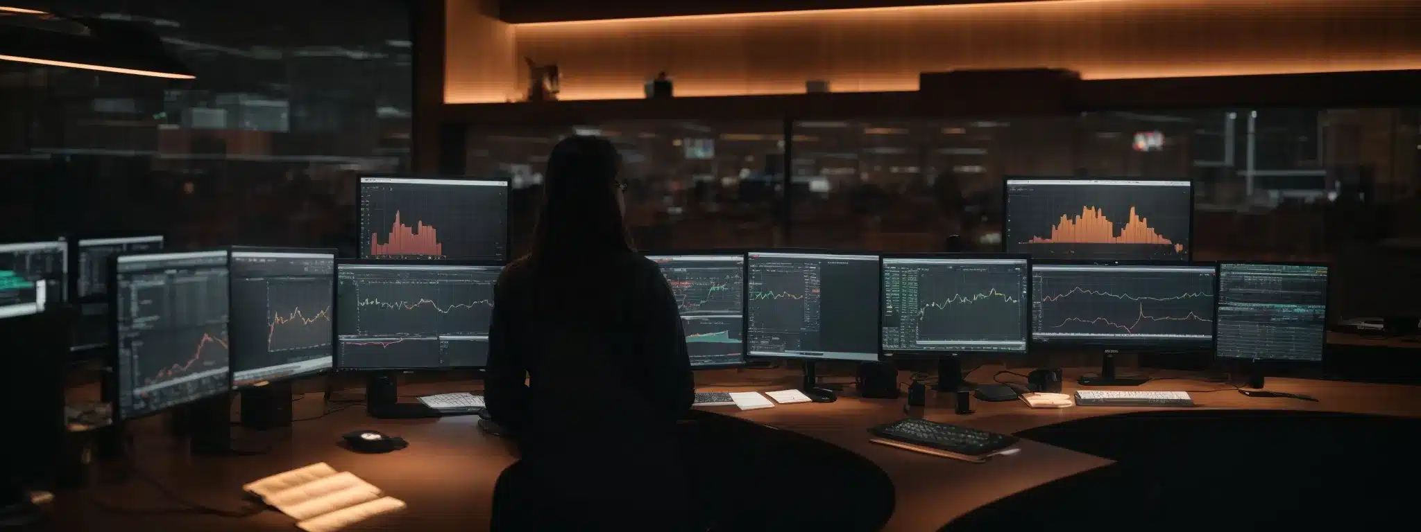 A Solitary Figure Sits Before A Trio Of Computer Monitors, Vibrant Graphs And Charts Sprawling Across The Screens As The Glow Of Data Fills The Room With A Warm Ambiance.