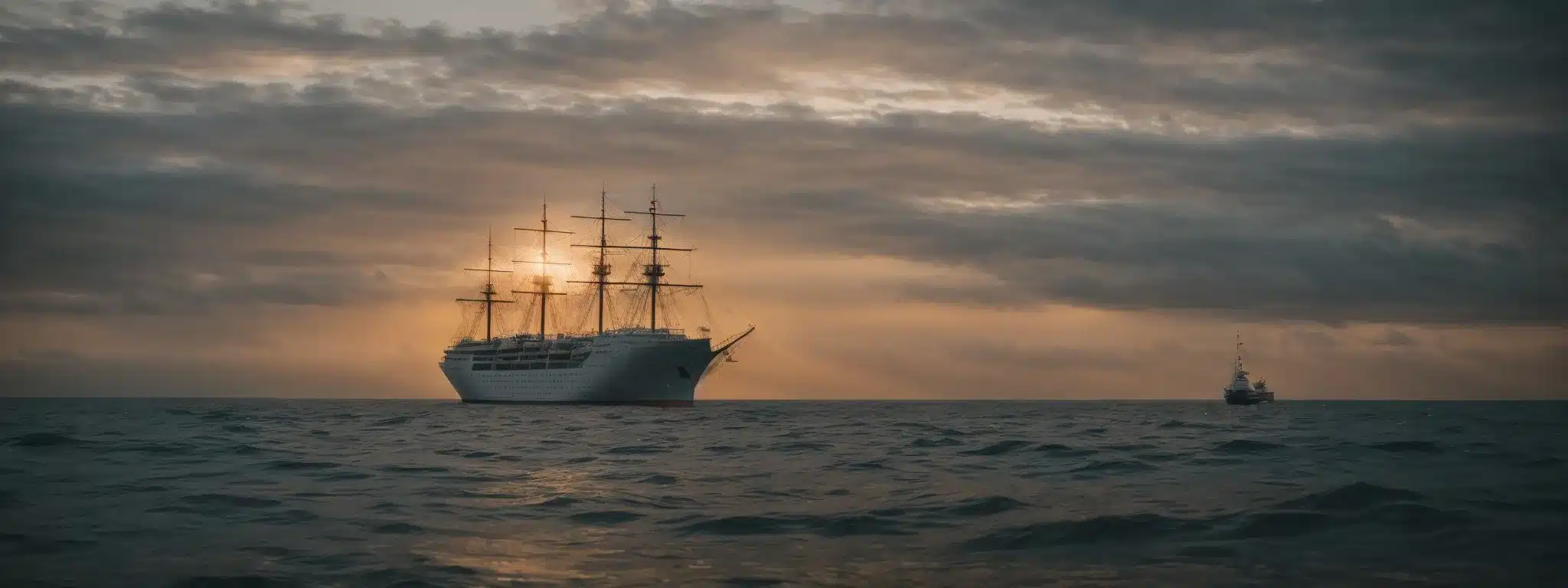 A Majestic Ship Sets Sail Across A Vast Ocean At Sunset, Embodying A Journey Of Narrative And Brand Discovery.