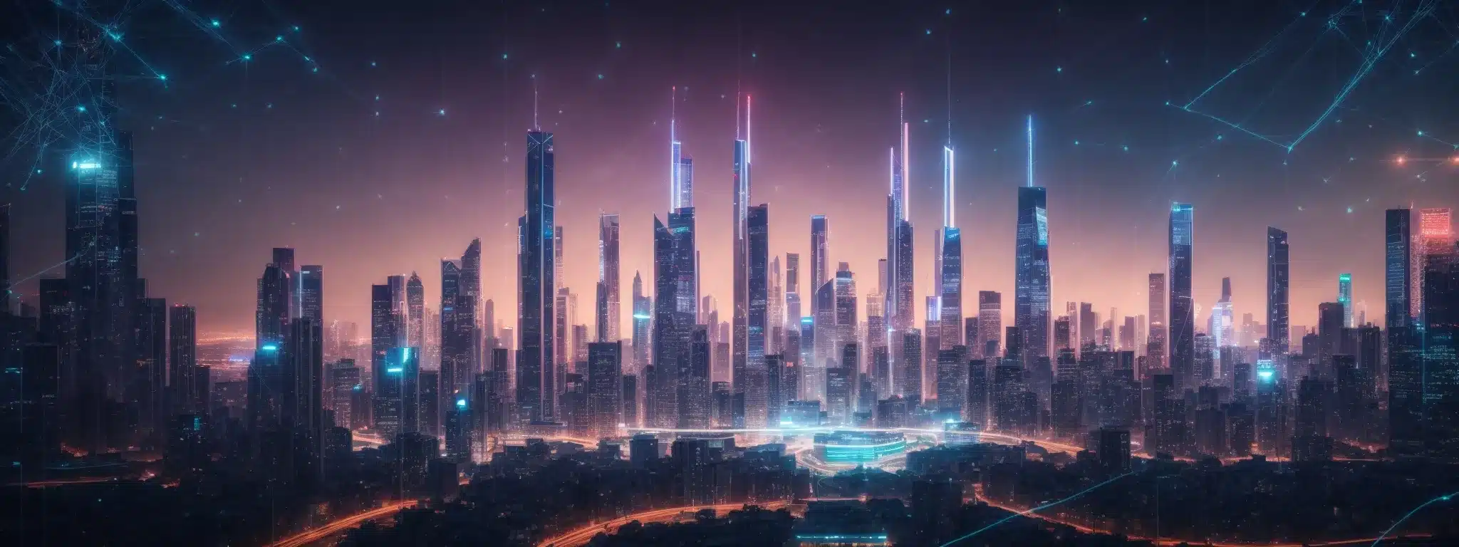 A Futuristic City Skyline Basking Under The Glow Of A Networked Digital Interface Symbolizing Cutting-Edge Seo Practices.