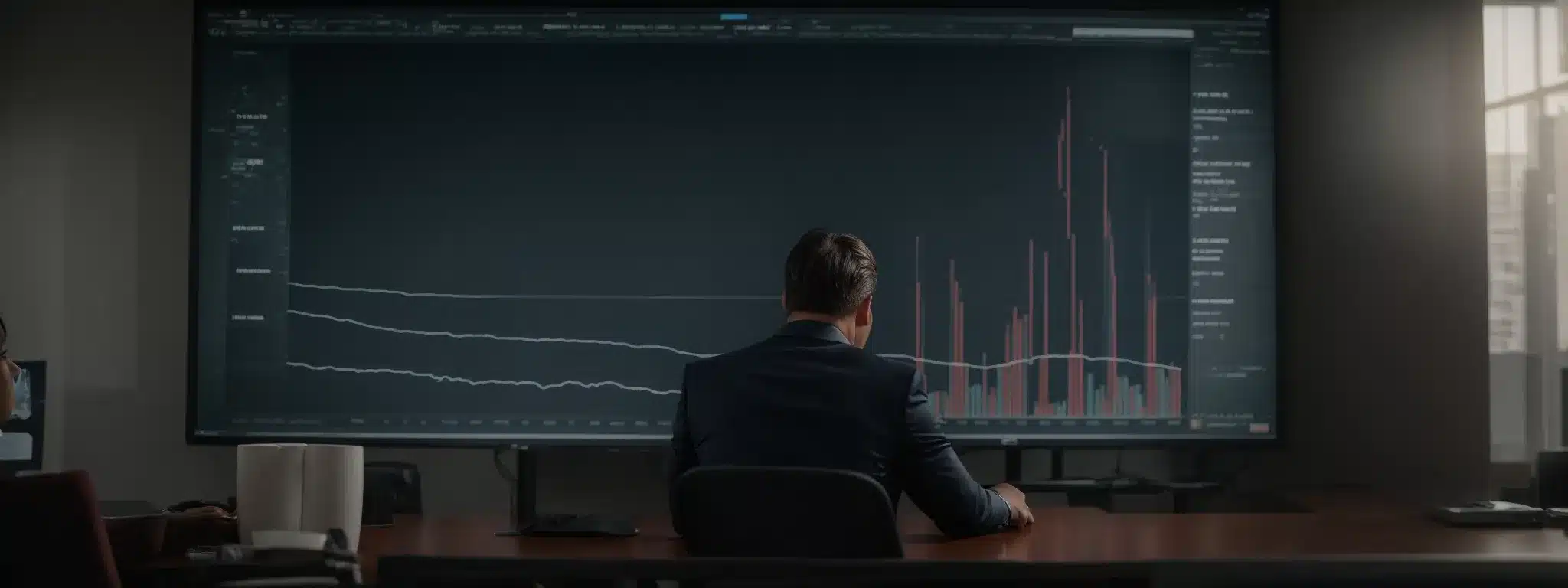 An Executive Reviews A Graph Showing Ascending Market Share Trends On A Large Screen In A Modern Office.