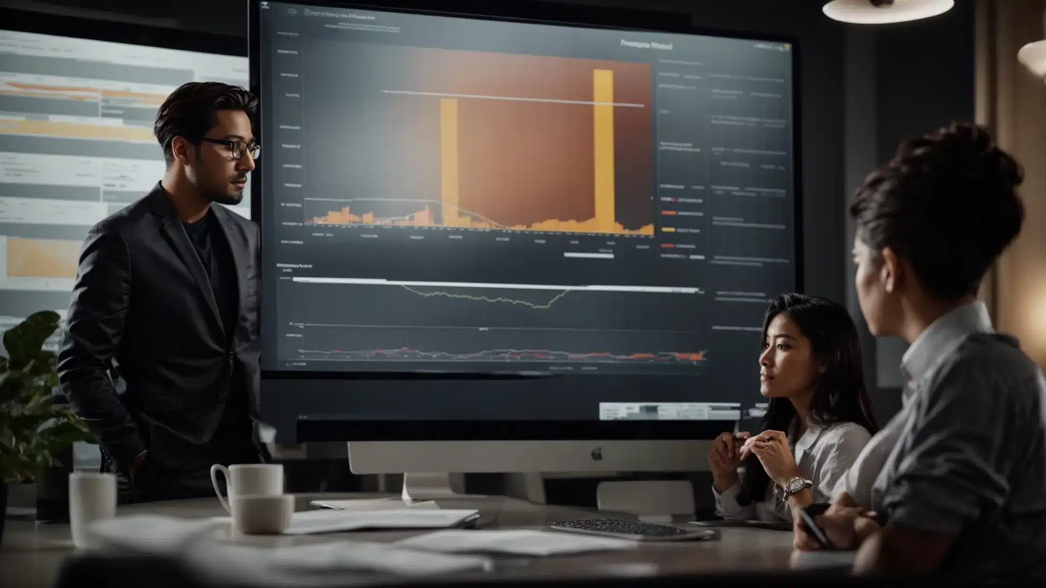 A Marketing Team Discussing Over A Computer Screen Showing Graphs Of Advertising Campaign Metrics.