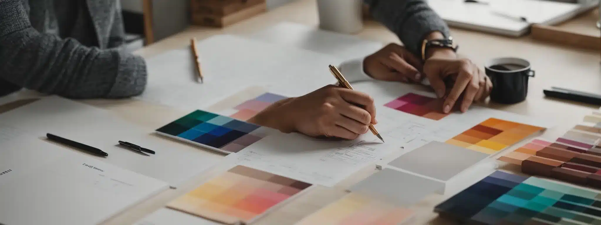 A Designer Thoughtfully Sketches A Logo On A Clean, Well-Lit Workspace, Surrounded By Color Swatches And Minimalist Mood Boards.