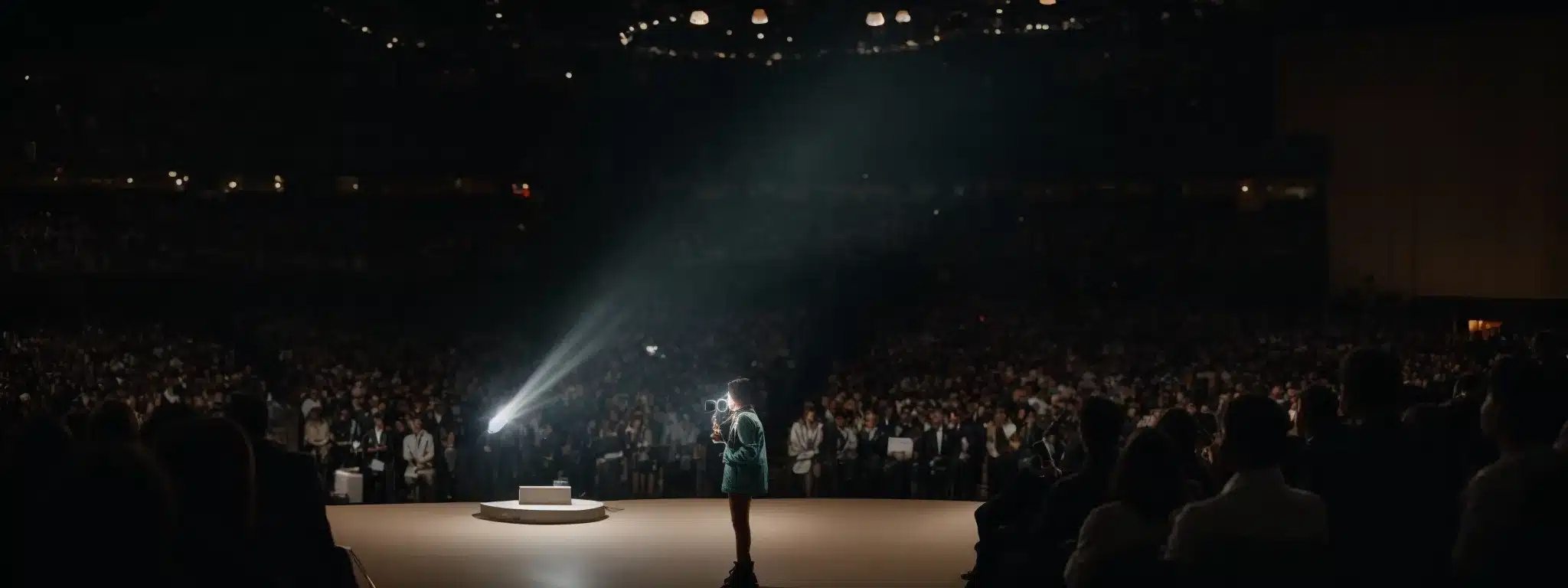 A Spotlight Illuminates A Person Confidently Unveiling A New Product In Front Of An Expectant Crowd.