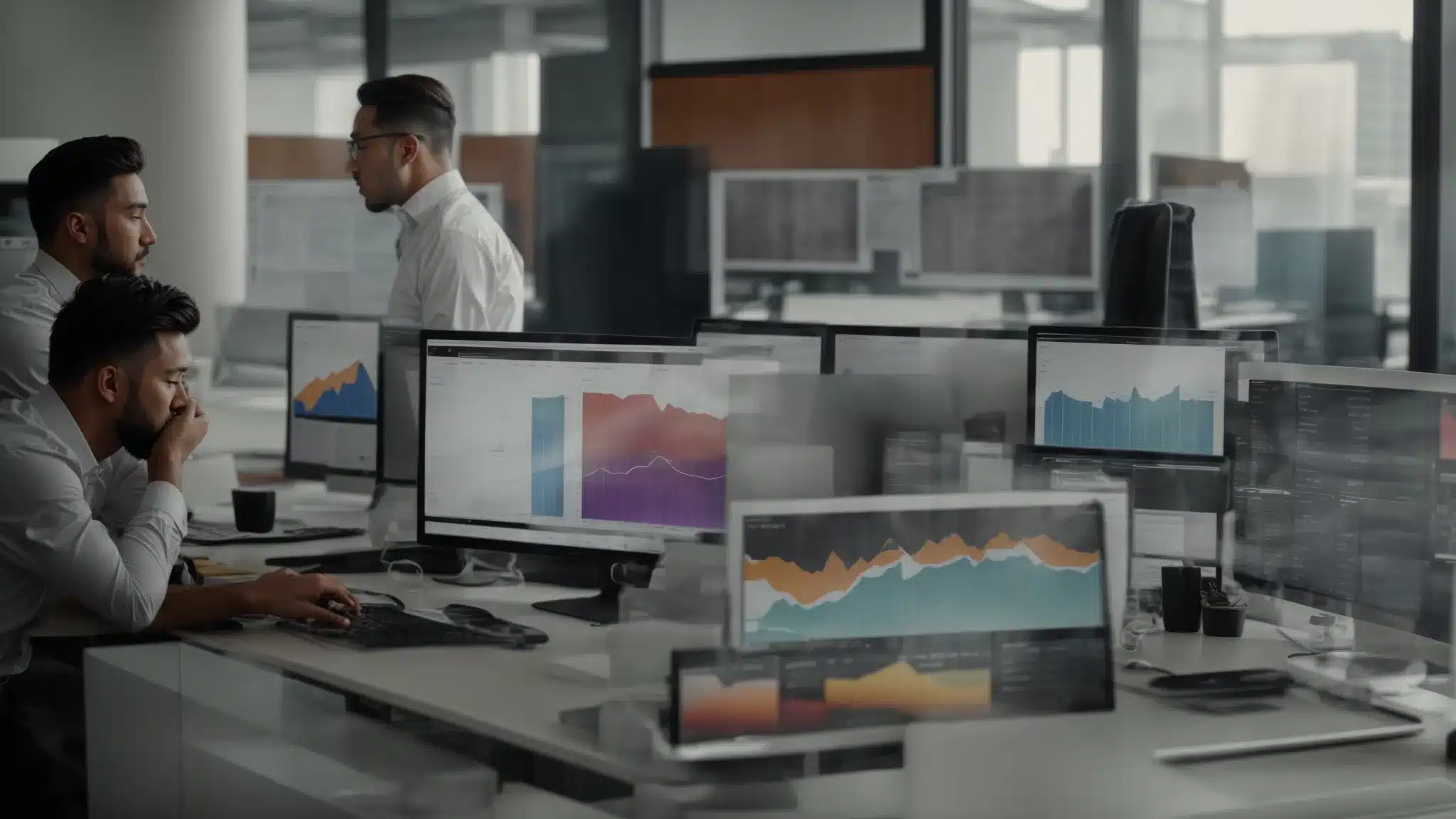 A Digital Marketing Team Reviews Performance Metrics On A Computer Dashboard In A Modern Office.