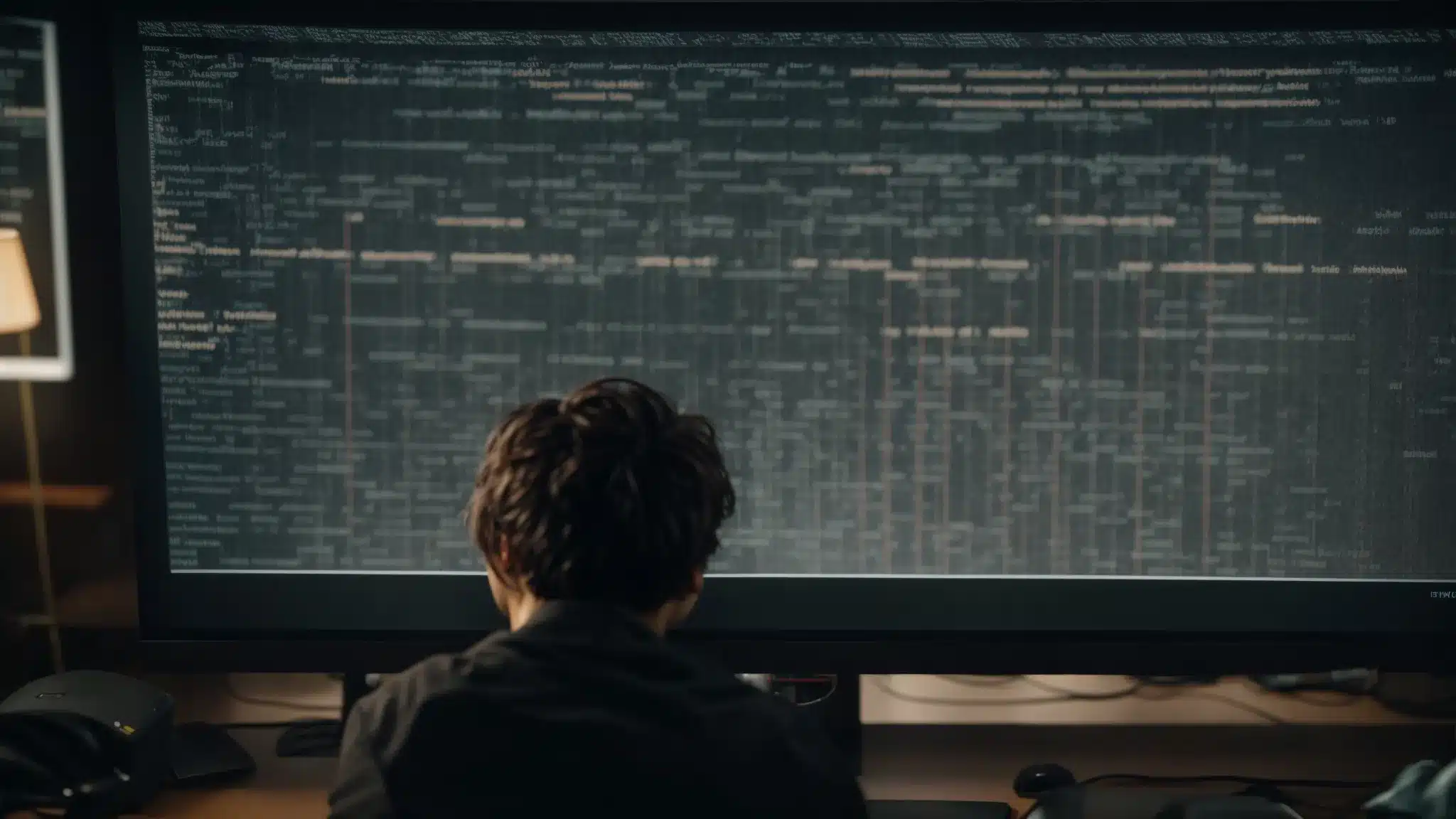 a focused individual sits before a large monitor displaying lines of code, representing the backend of a wordpress site undergoing maintenance.
