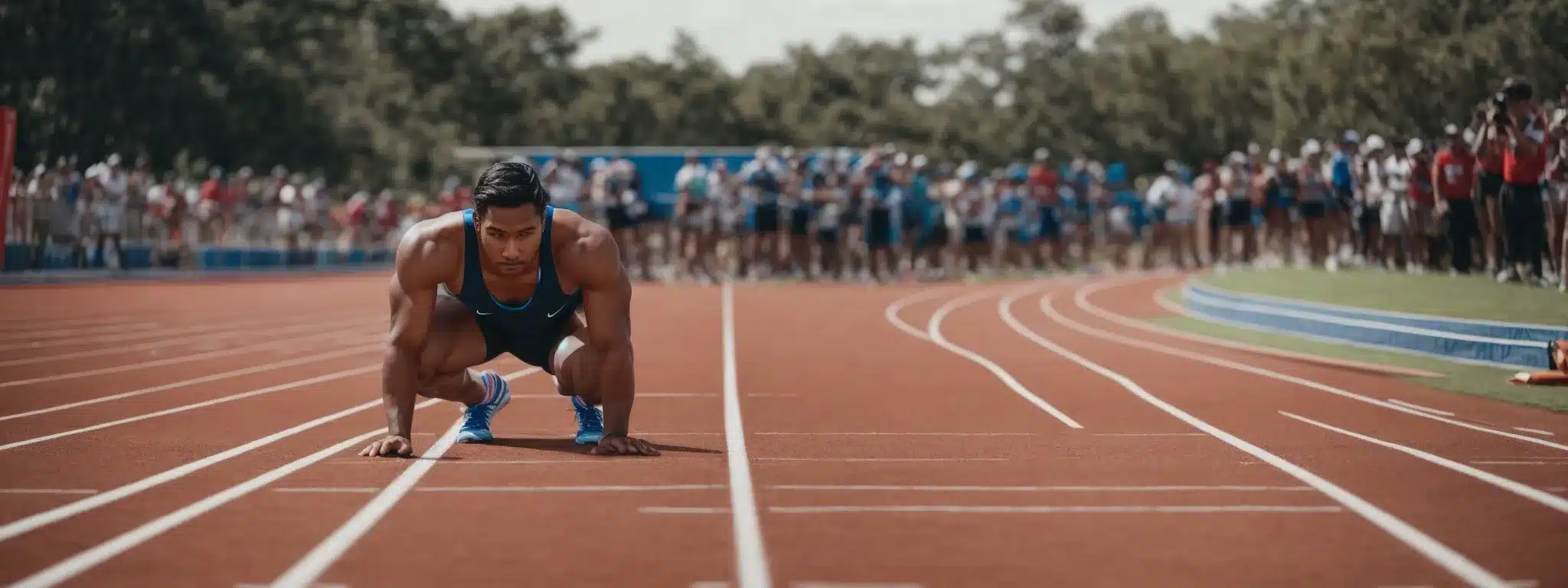 An Eager Athlete Crouched At The Starting Blocks, Eyes Focused On The Track Ahead, Symbolizes A Startup'S Readiness To Race Towards Market Success.