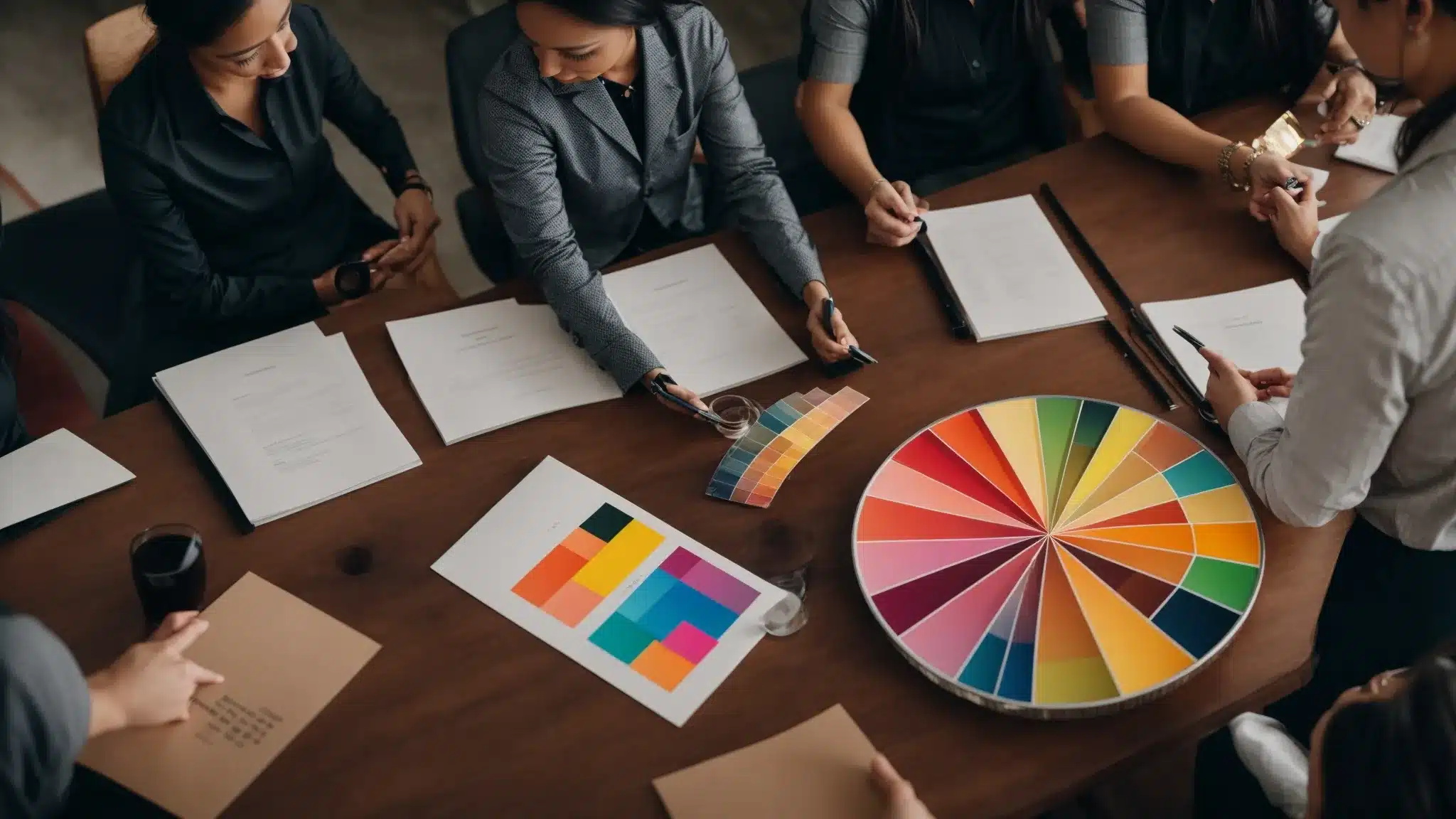 A Marketer Presents A Colorful Pie Chart To A Team During A Creative Branding Meeting.