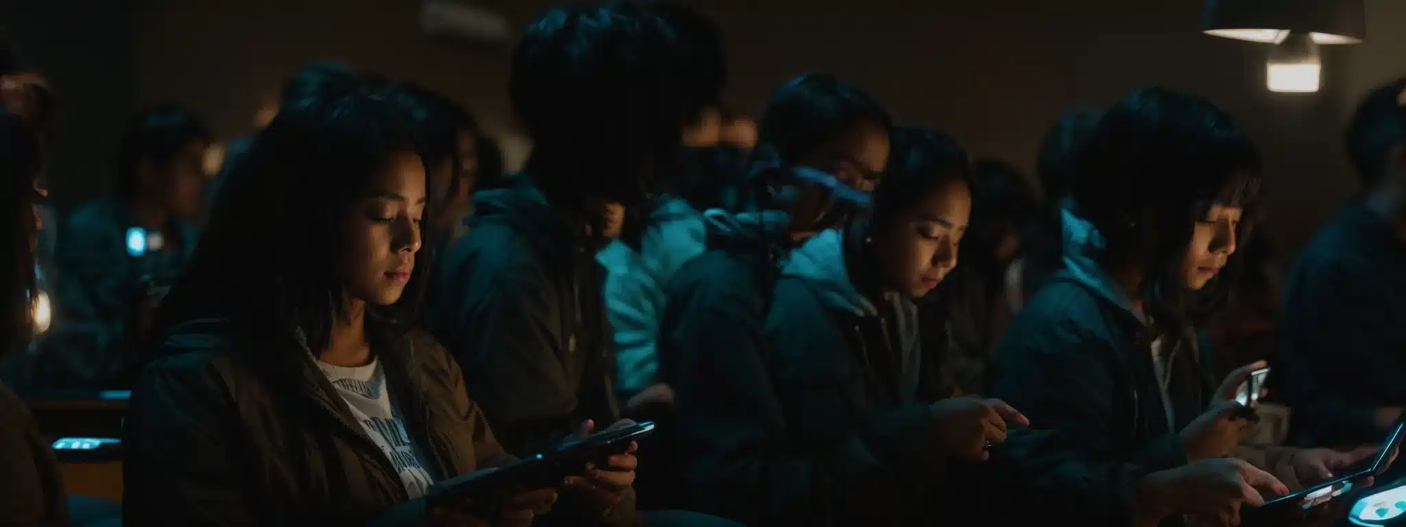 A Diverse Group Of People Engaging With Smartphones And Tablets, Brightly Illuminated By Their Screens In A Dim Room.