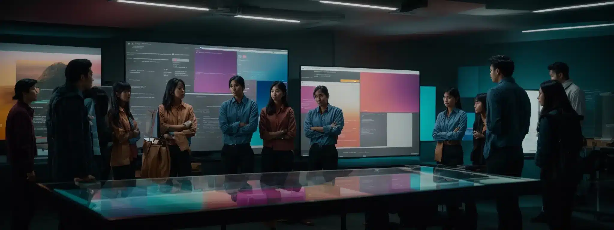 A Team Stands Around A Glass Table, Intently Focused On A Large Screen Projecting A Colorful Website Interface, Signifying The Final Stages Of A Collaborative Project Launch.