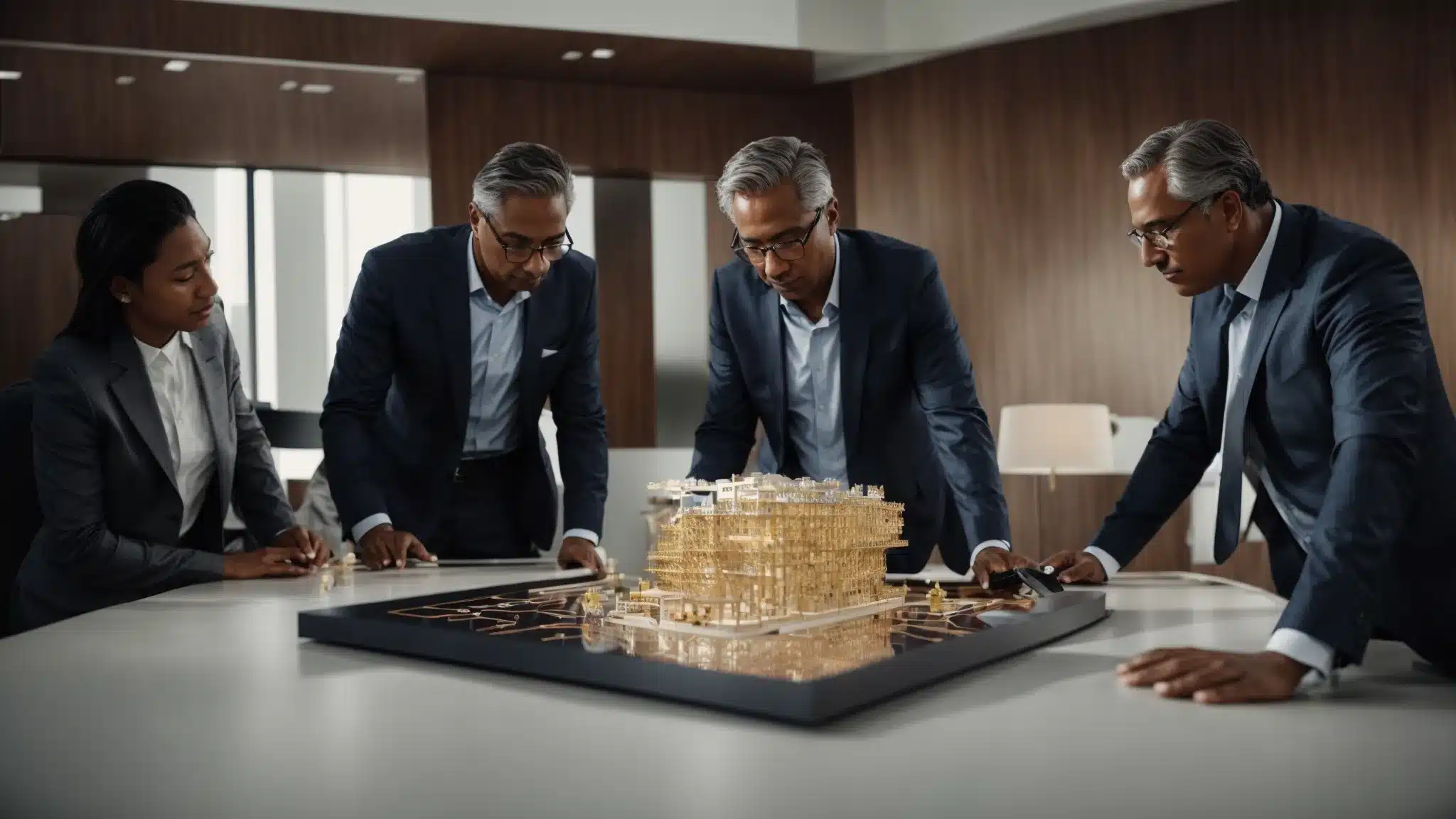 A Group Of Executives Brainstorming Around A Unique 3D Puzzle Structure On A Sleek Conference Table.