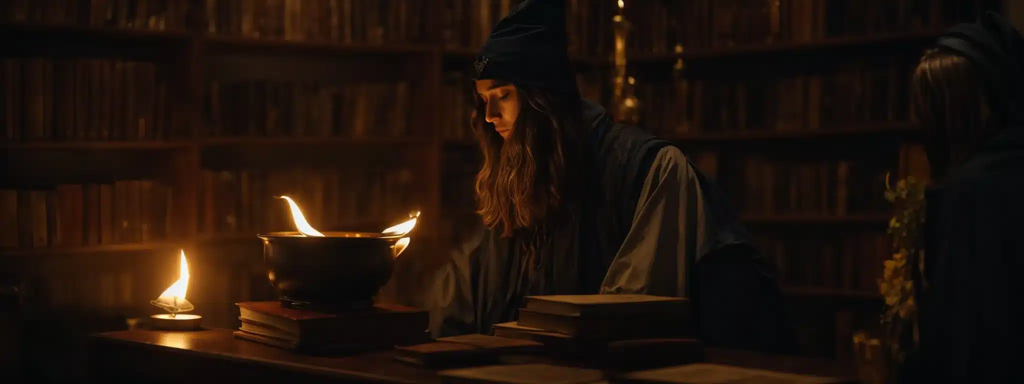 A Wizard-Like Figure Intently Combines Elements In A Glowing Cauldron, Surrounded By Ancient Books And Flickering Candlelight.