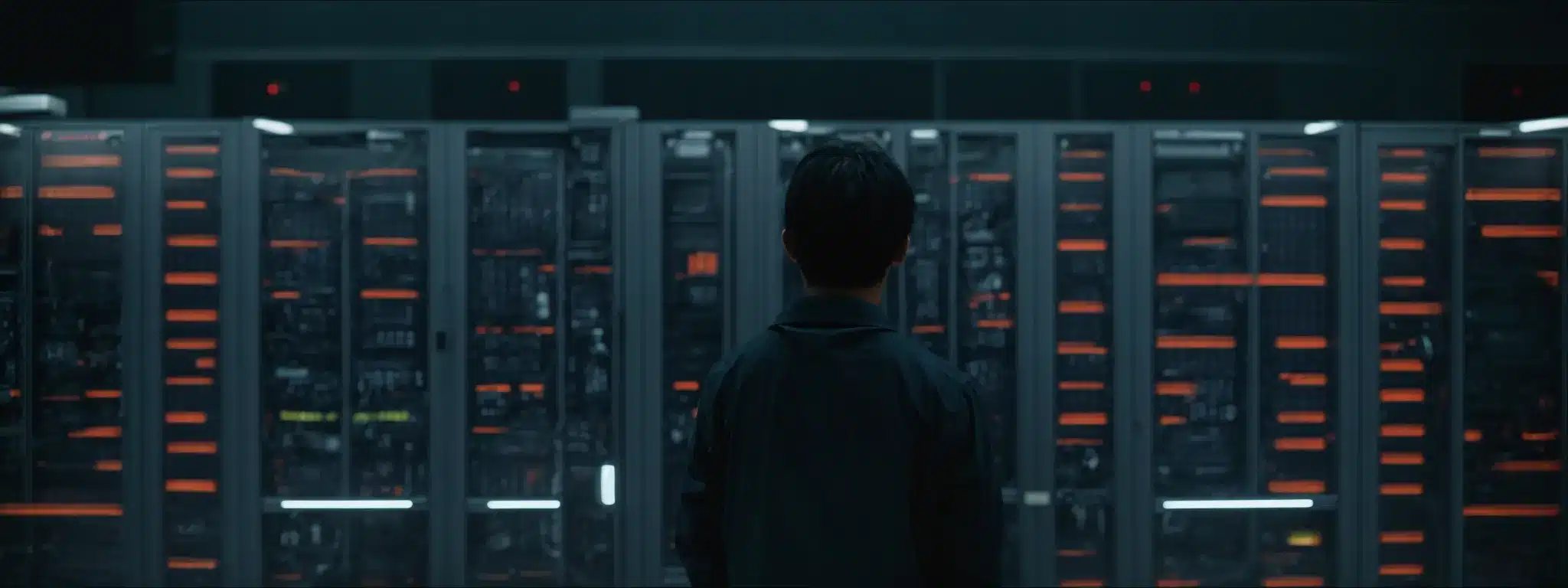 A Person Stands At An Interface Of A Large, Computer Server Room, Ready To Navigate Through A Maze Of Equipment.