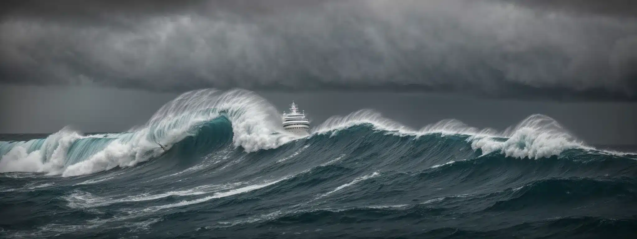 A Ship Cutting Through Tumultuous Ocean Waves Under A Stormy Sky.