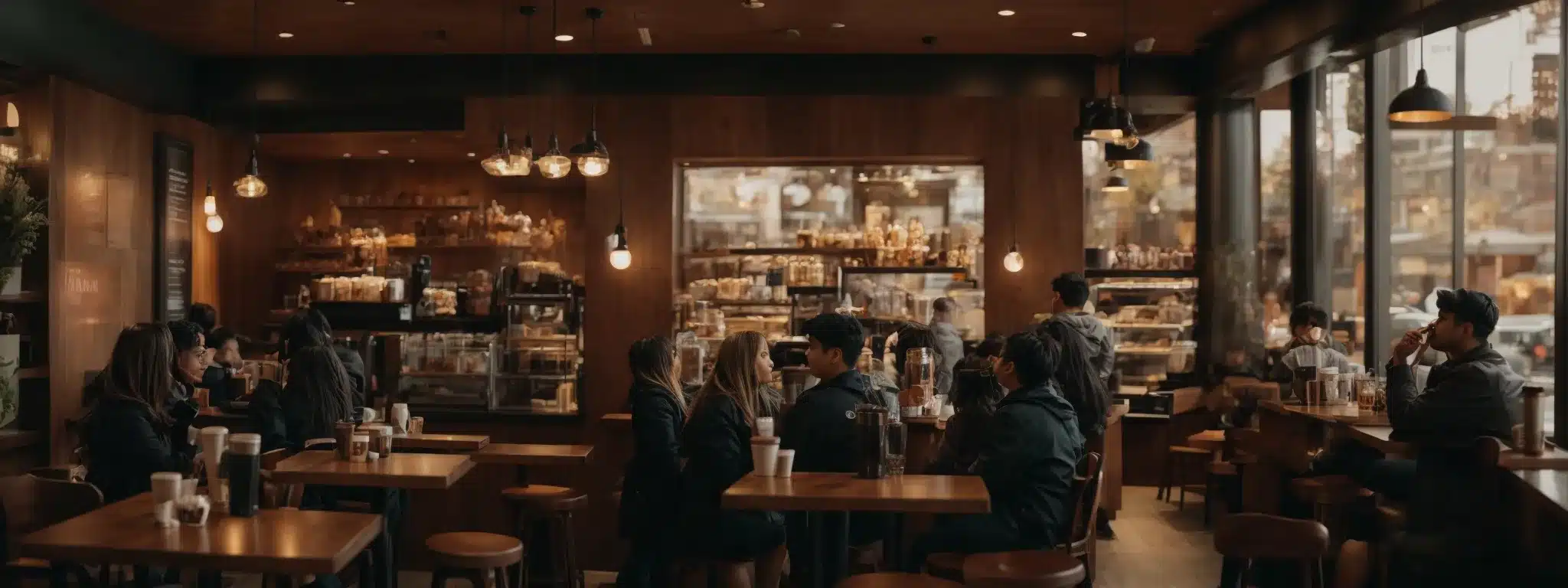 A Cozy Starbucks Interior With Customers Enjoying Their Drinks Amidst The Warm Ambiance.
