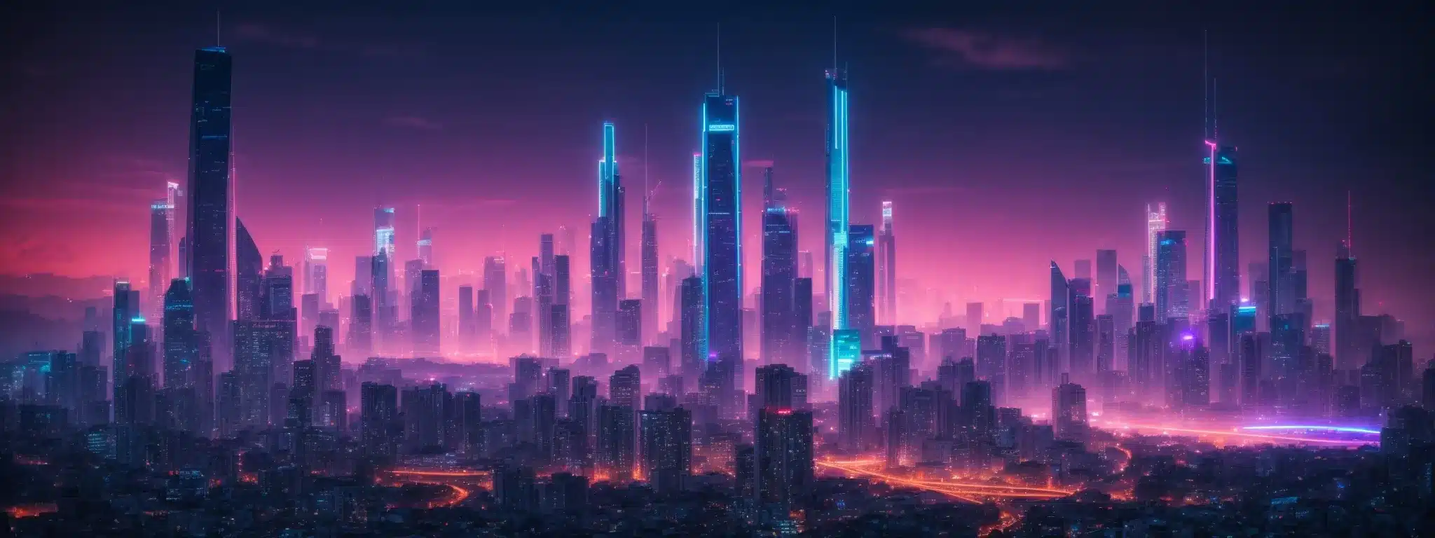 A Futuristic City Skyline Glows With Neon Lights Under A Twilight Sky, Symbolizing The Cutting-Edge Journey Of Brand Innovation.
