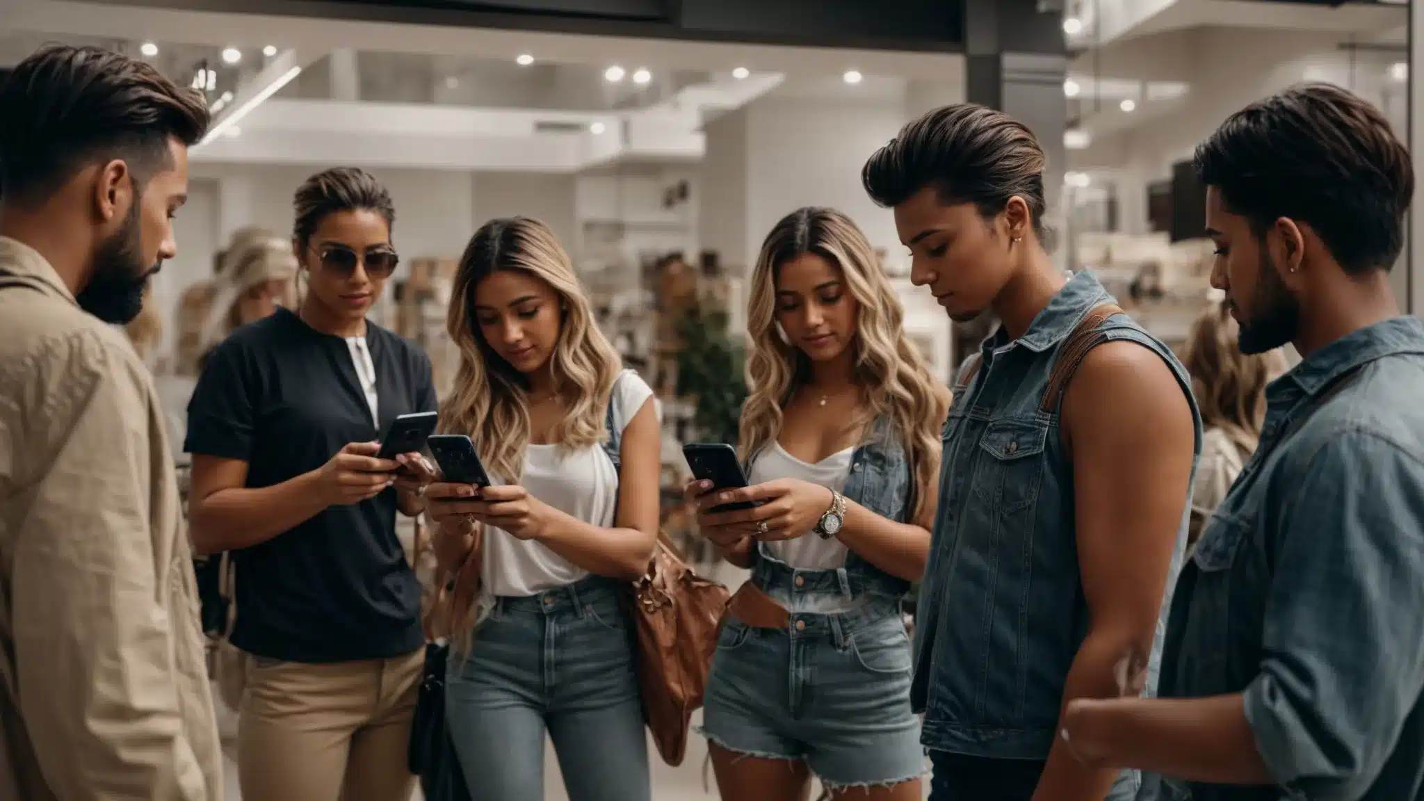 A Group Of Trendy Influencers Gather Around A Product Display, Capturing Content On Their Smartphones.