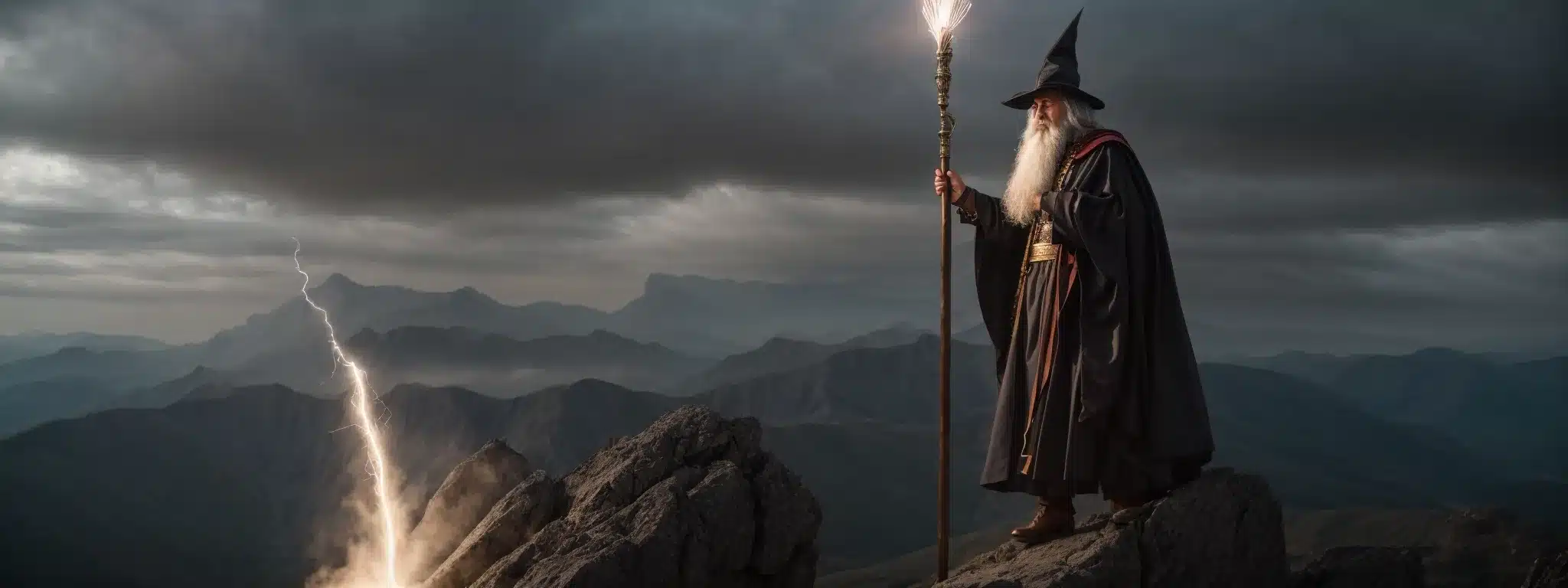 A Wizard With A Staff Is Triumphantly Standing Atop A Mountain, With A Fast Stream Of Light Representing Speed And Efficiency Swirling Around Him.