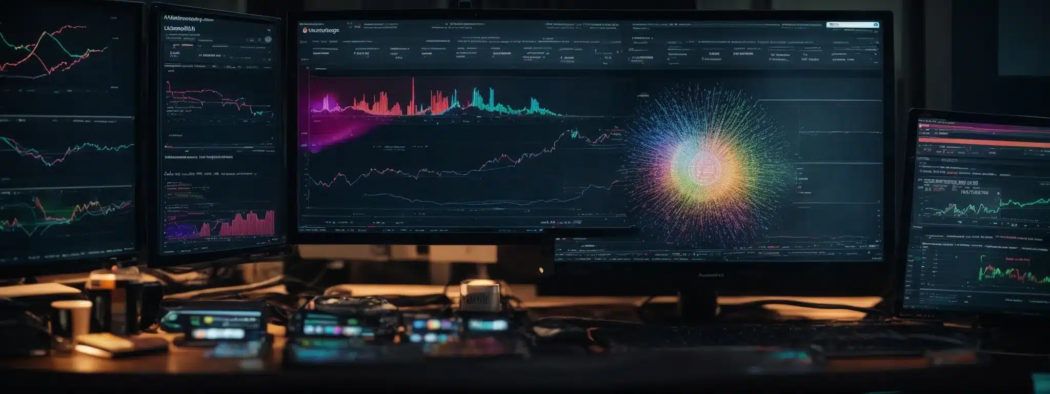 A Vibrant Computer Screen Shows A Live Analytics Dashboard Tracking Website Traffic And Engagement Metrics, Illuminating The Marketer'S Face With The Success Of His Sem Strategies.