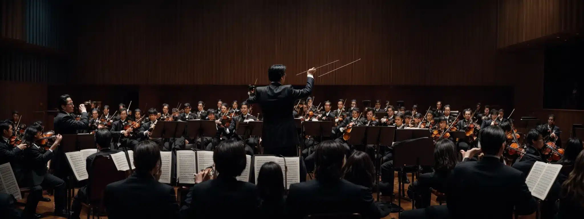 A Conductor Effortlessly Guides A Harmonious Orchestra Against The Backdrop Of An Enraptured Audience.