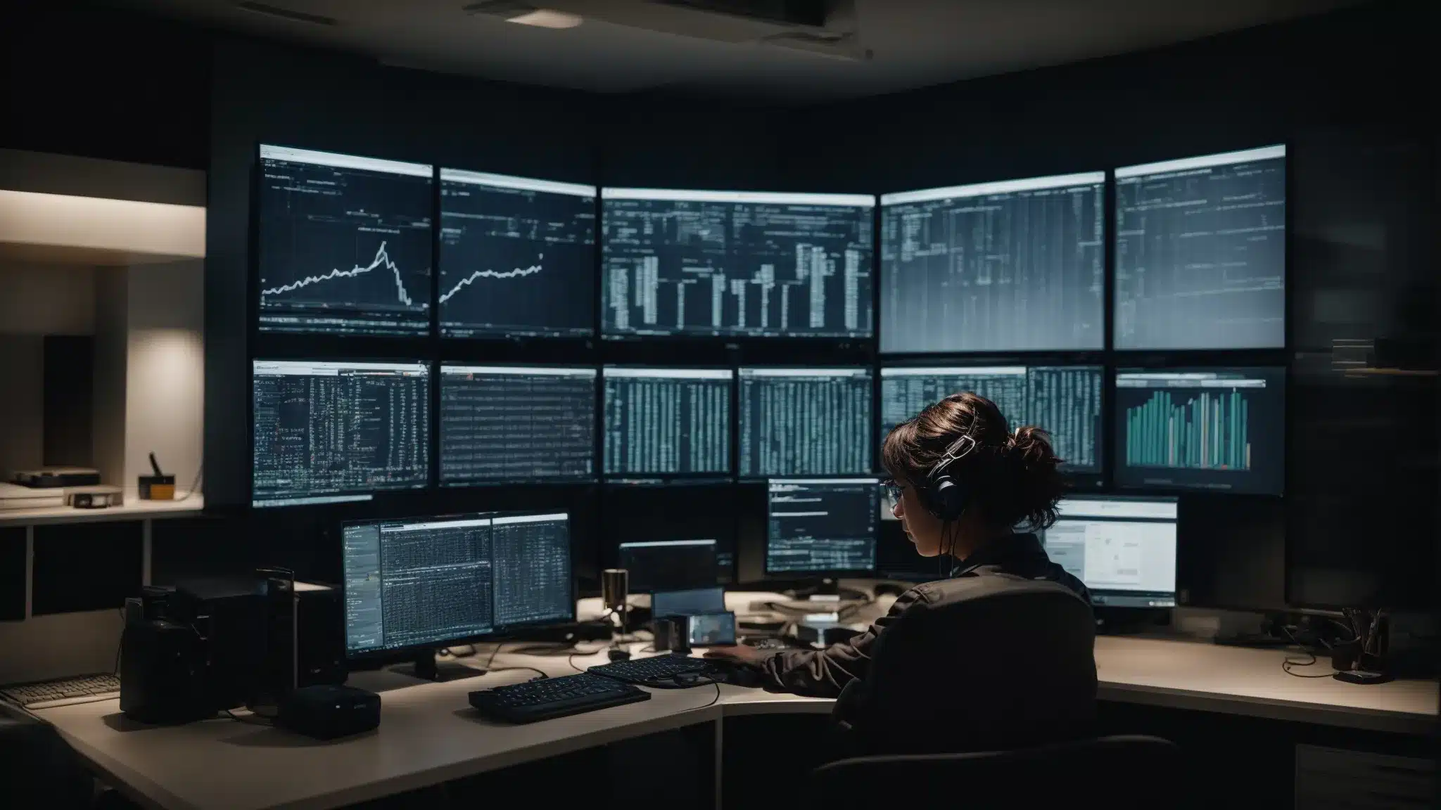 a focused individual working on a computer in a well-organized office space, surrounded by dual monitors displaying website code and seo analysis tools.