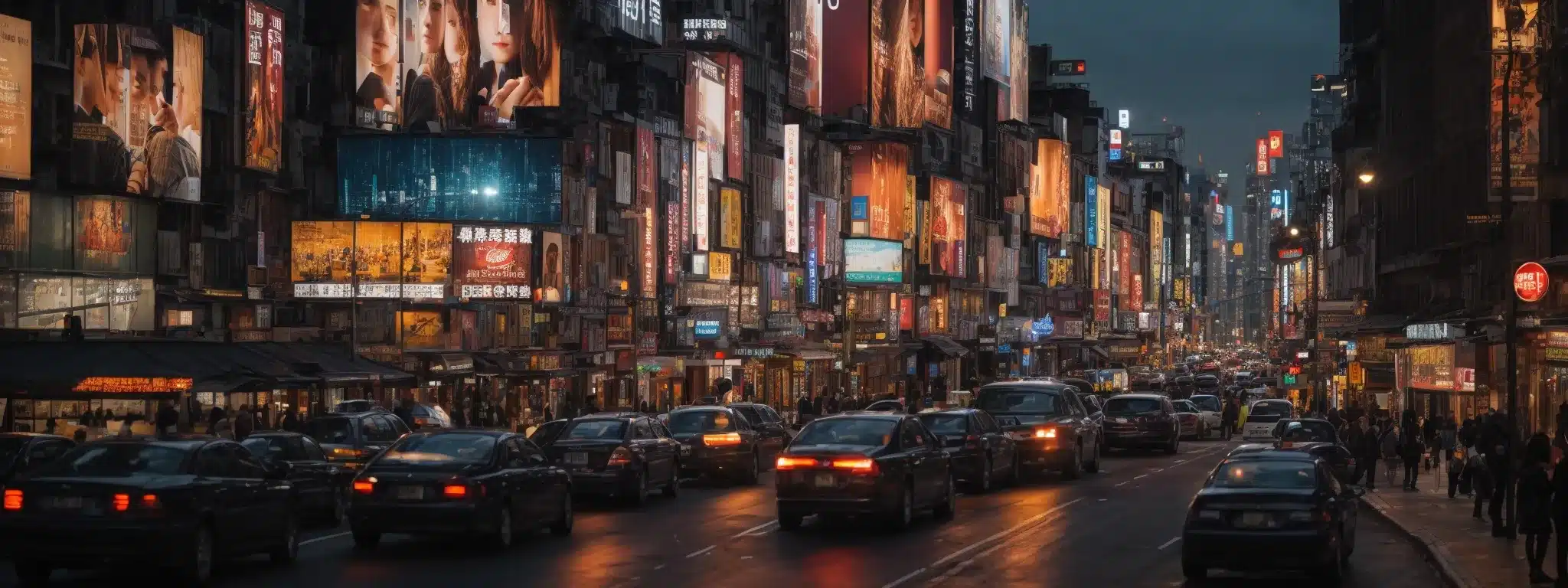 A Diverse Array Of Billboards Dotting A Bustling Cityscape At Twilight, Subtly Drawing The Eyes Of Passersby To A Single, Uniquely Illuminated Advertisement.
