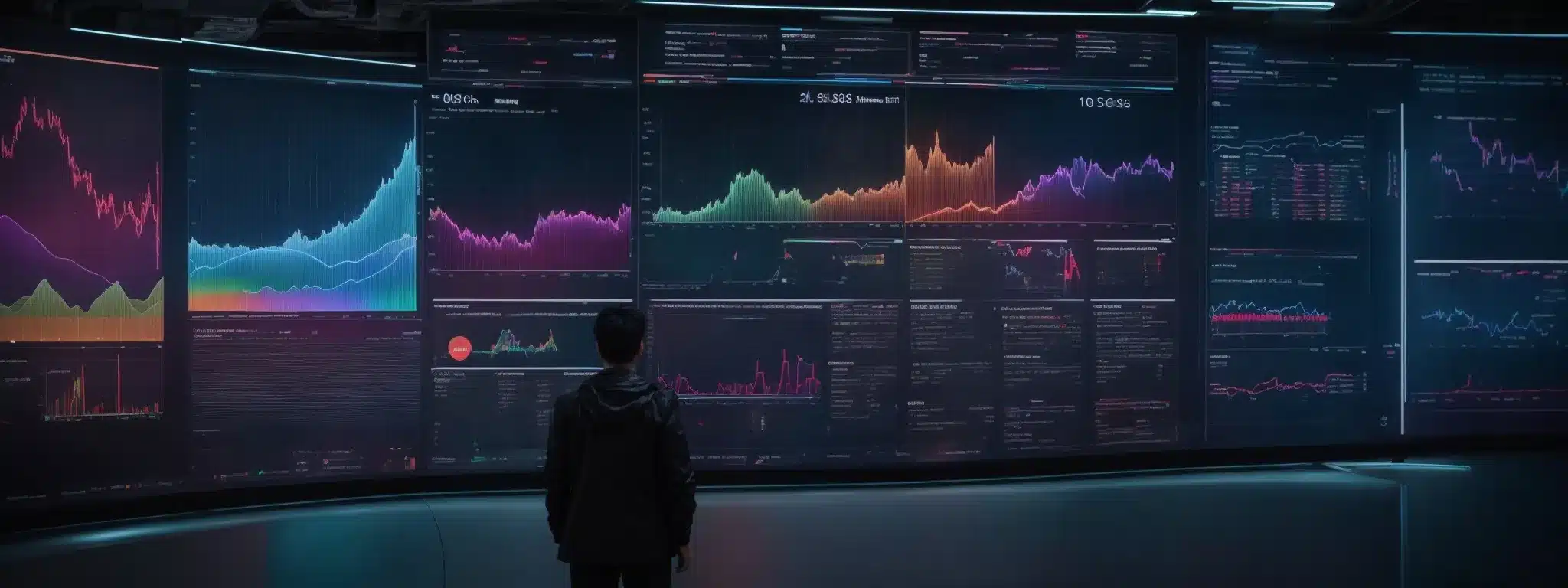A Person Stands Before A Large, Futuristic Touchscreen Displaying Colorful Graphs And Marketing Analytics.