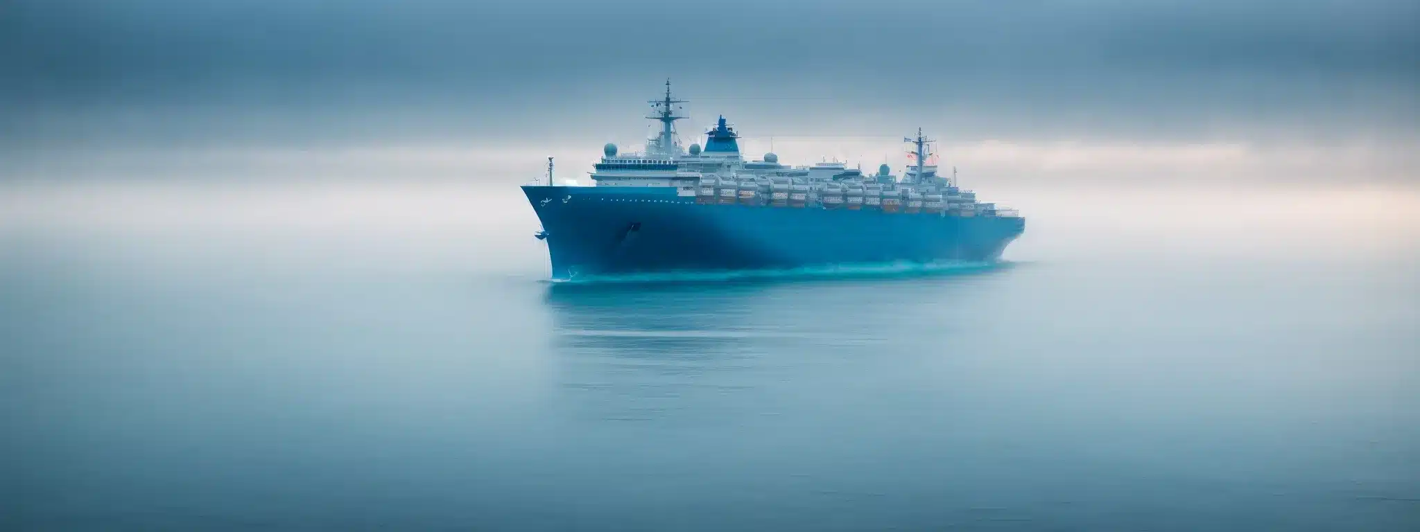 A Ship Sails Through A Foggy, Digital-Blue Sea, Navigating Towards A Glowing, Abstract Horizon.