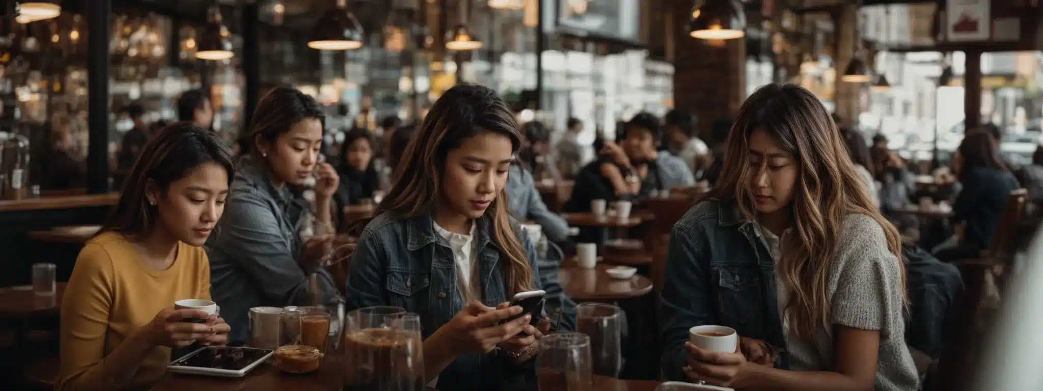 A Bustling Cafe With Individuals Deeply Engaged With Their Smartphones, Their Expressions Reflecting A World Of Interactions Beyond The Screen.