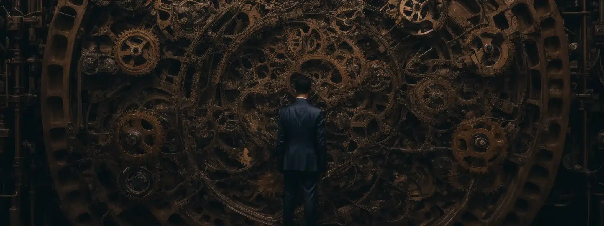 A Person Standing In Front Of A Large, Intricate Network Of Interconnected Gears And Cogs, Symbolizing A Complex Seo Mechanism.