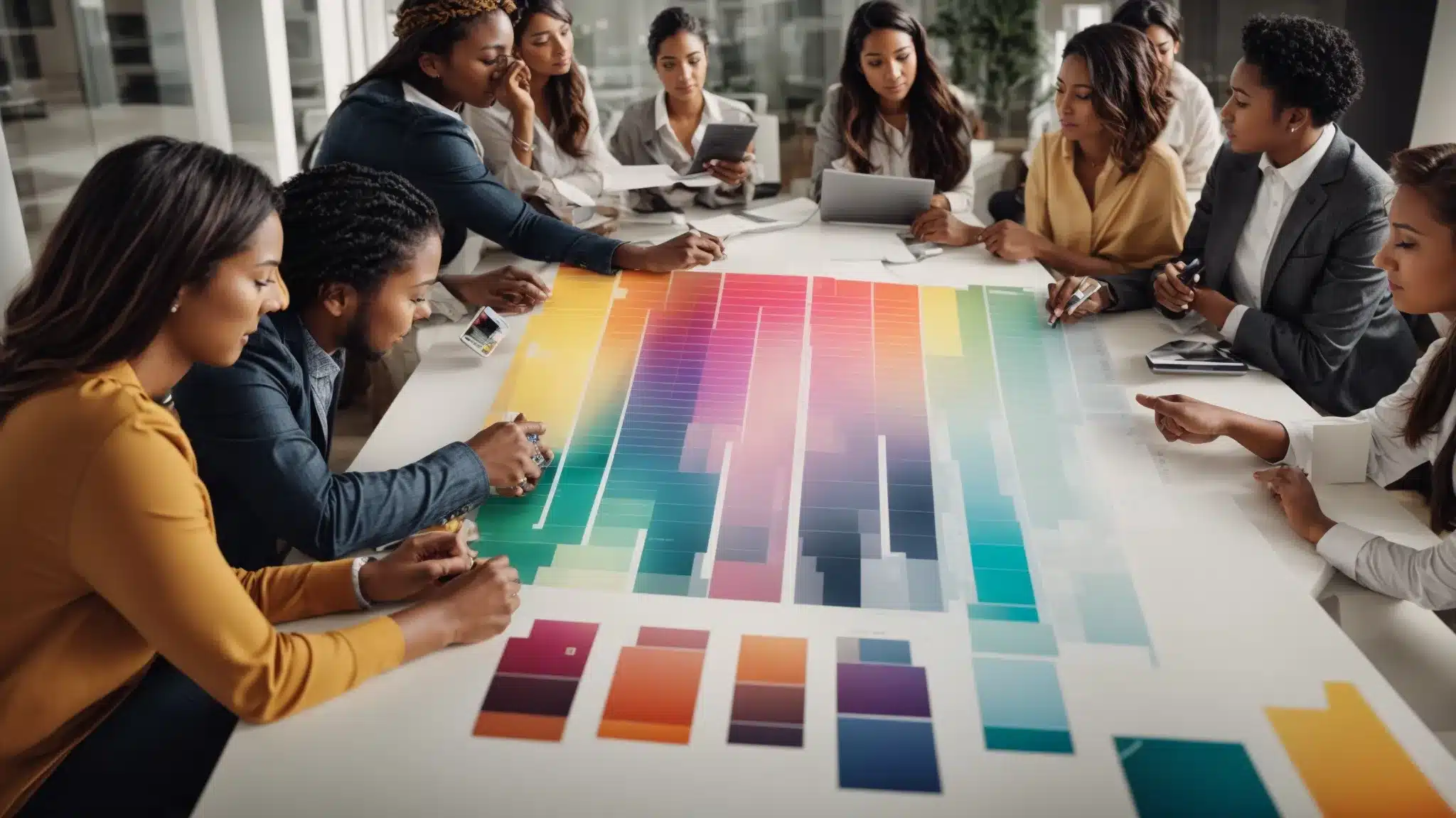 A Marketing Team Gathers Around A Conference Table, Examining A Colorful Graph That Outlines Consumer Interaction Channels.