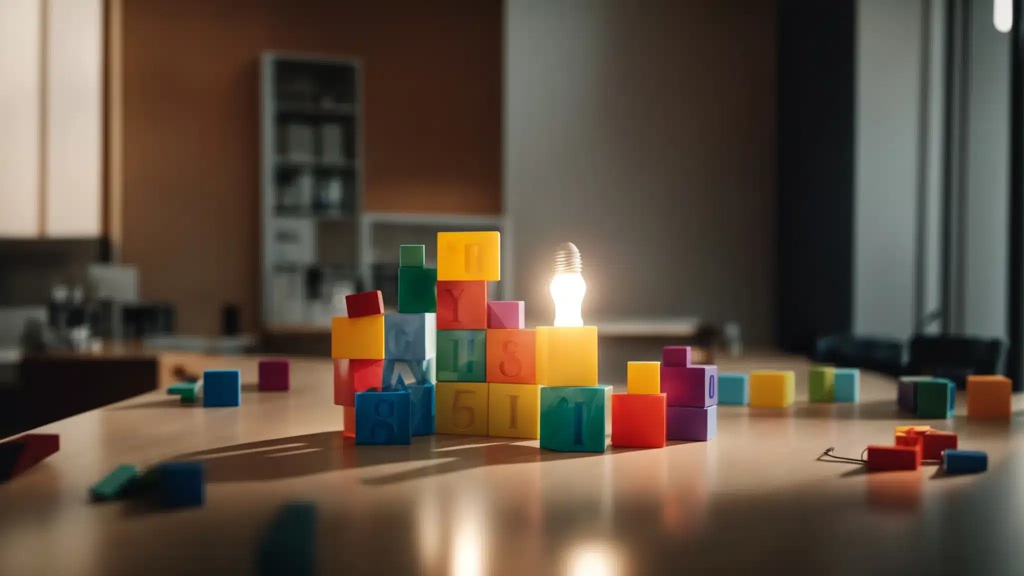 A Branding Strategist Arranging Colorful Building Blocks Emblazoned With Core Company Values Around A Glowing Light Bulb Centerpiece On A Sleek Conference Table.