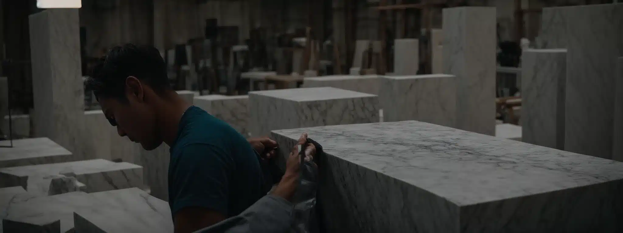 A Sculptor Focused Intently On Shaping A Large, Unblemished Block Of Marble Into A Distinct Form.