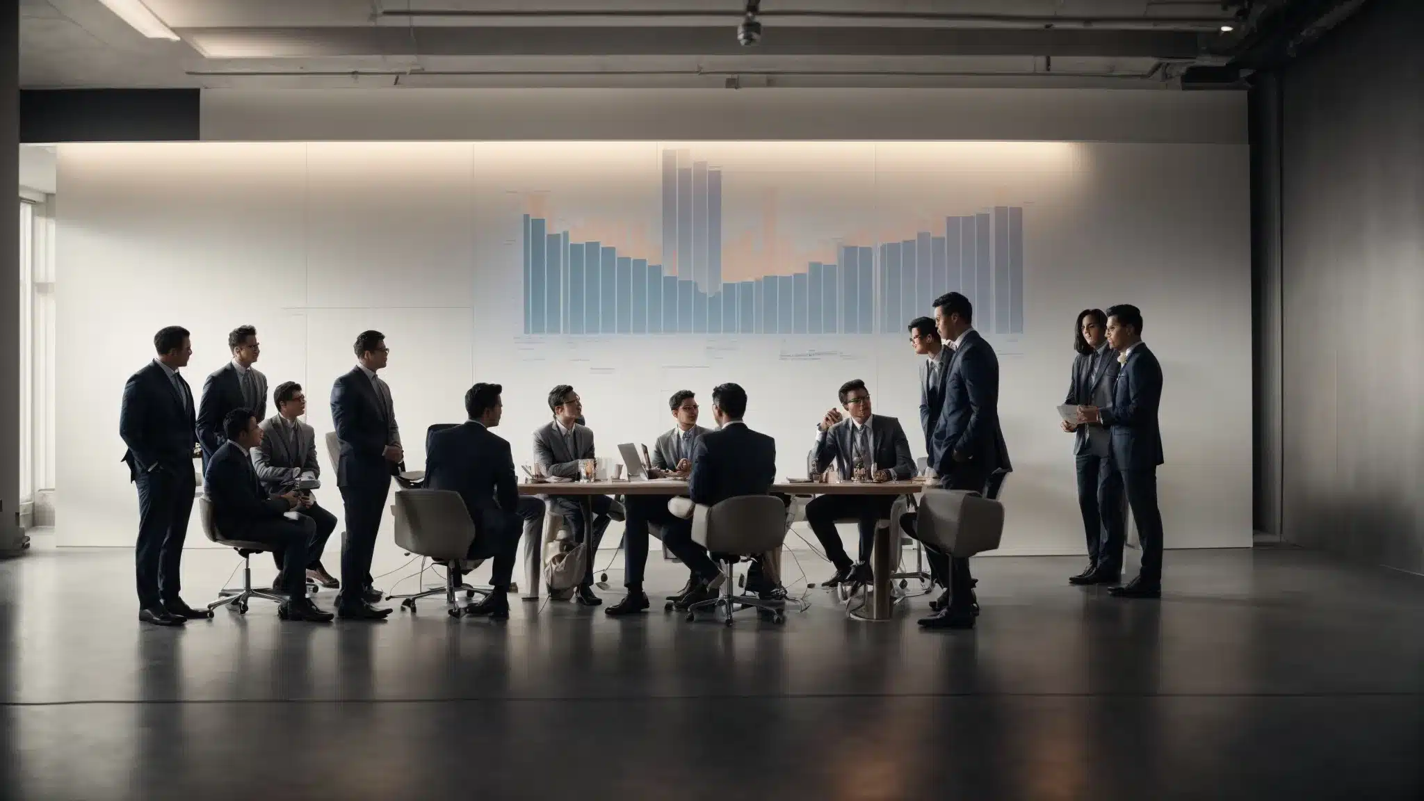 A Team Of Professionals Gathered Around A Table, Brainstorming Ideas With A Clear Projection Of A Growing Sales Graph On The Wall.