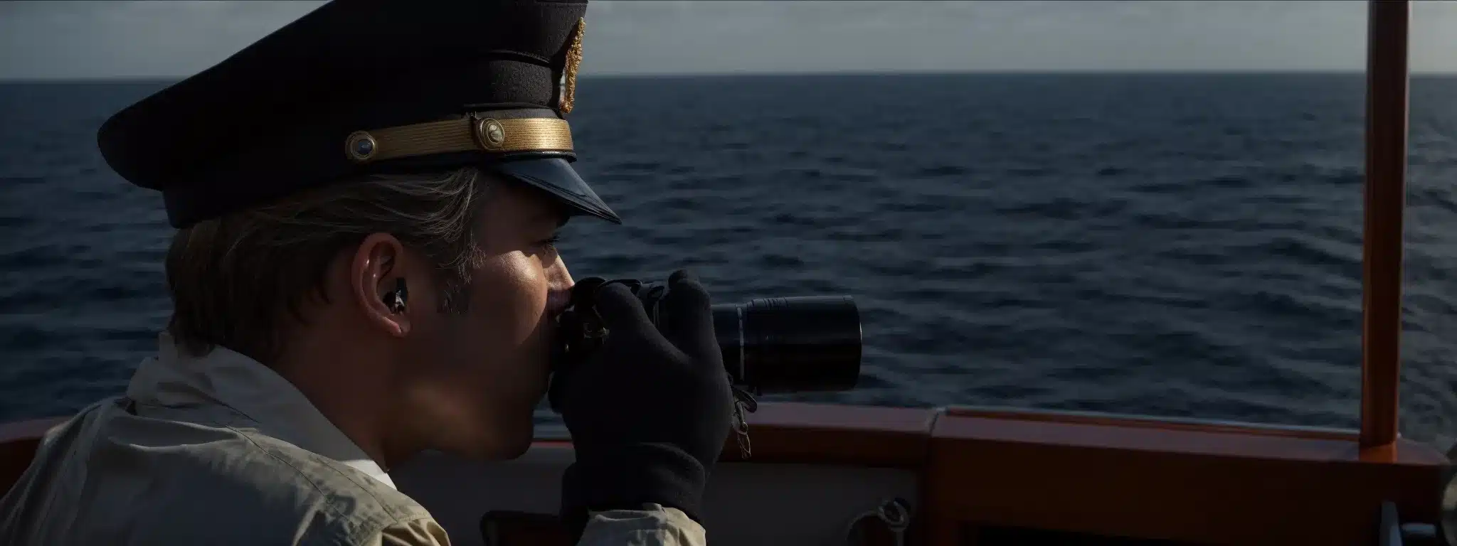 A Ship'S Captain At The Helm, Gazing Through A Spyglass Towards A Distant Horizon Over A Vast Ocean.